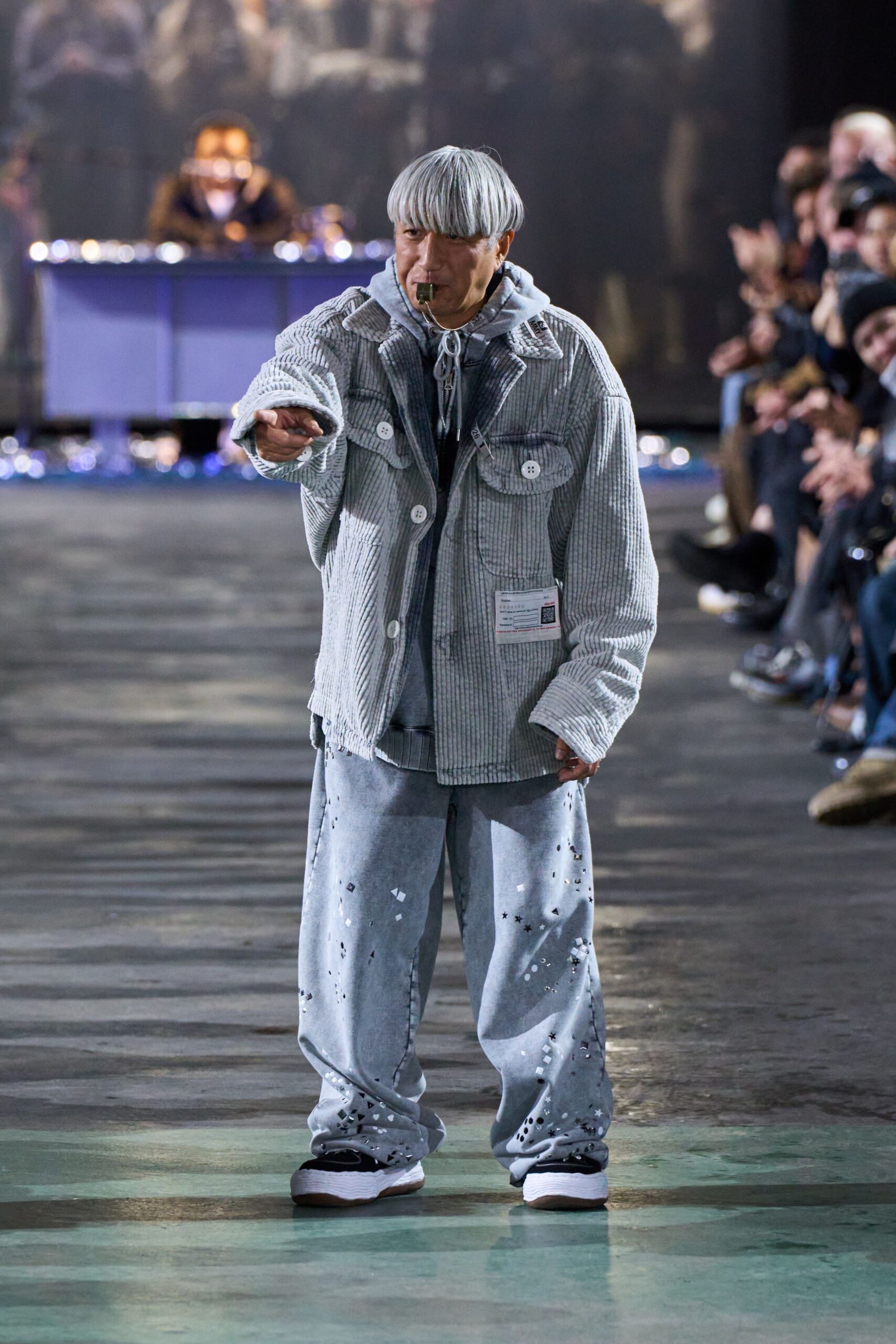 gray relaxed jacket with blue pants