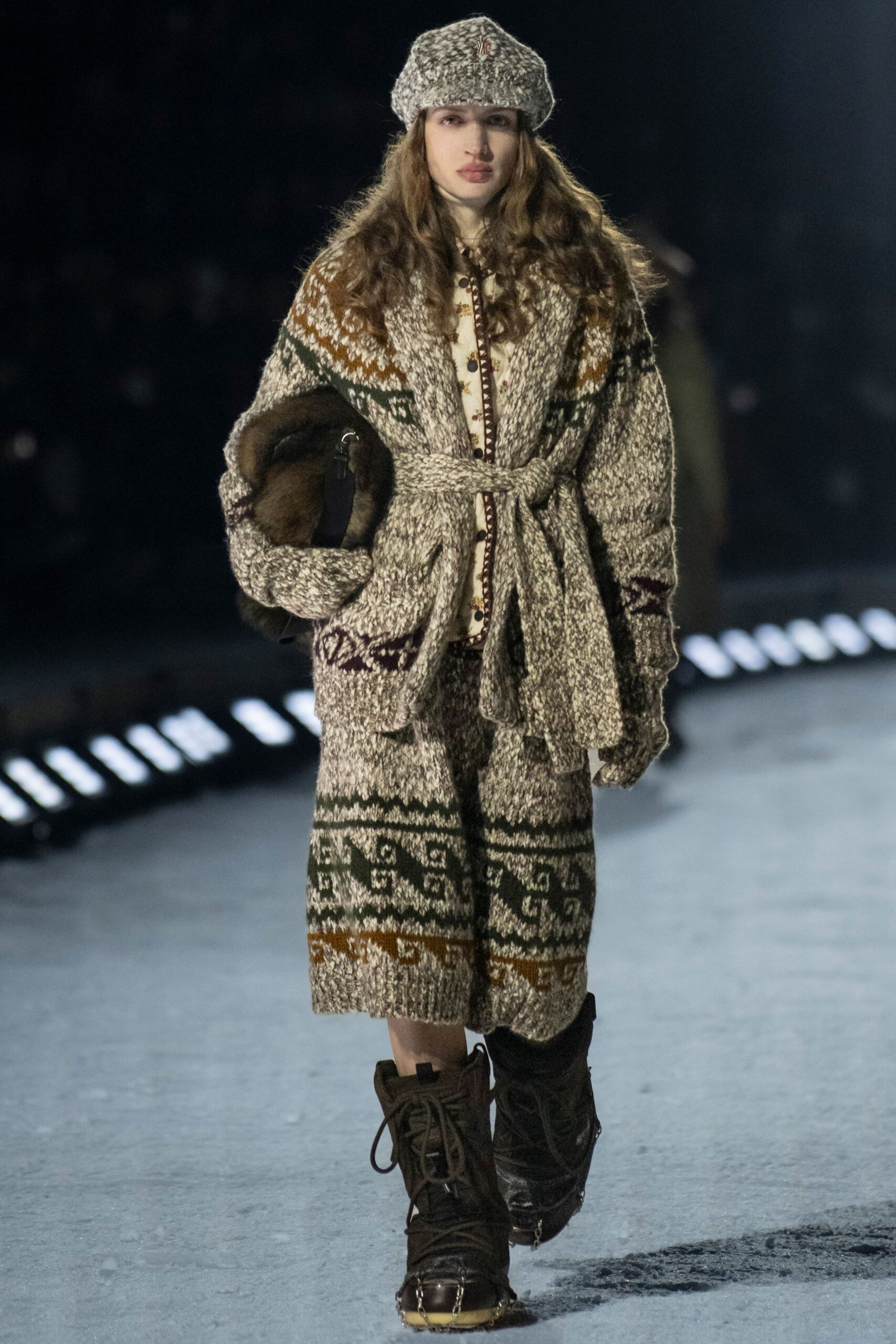 beige wool long-sleeve collared relaxed belted embroidered coat