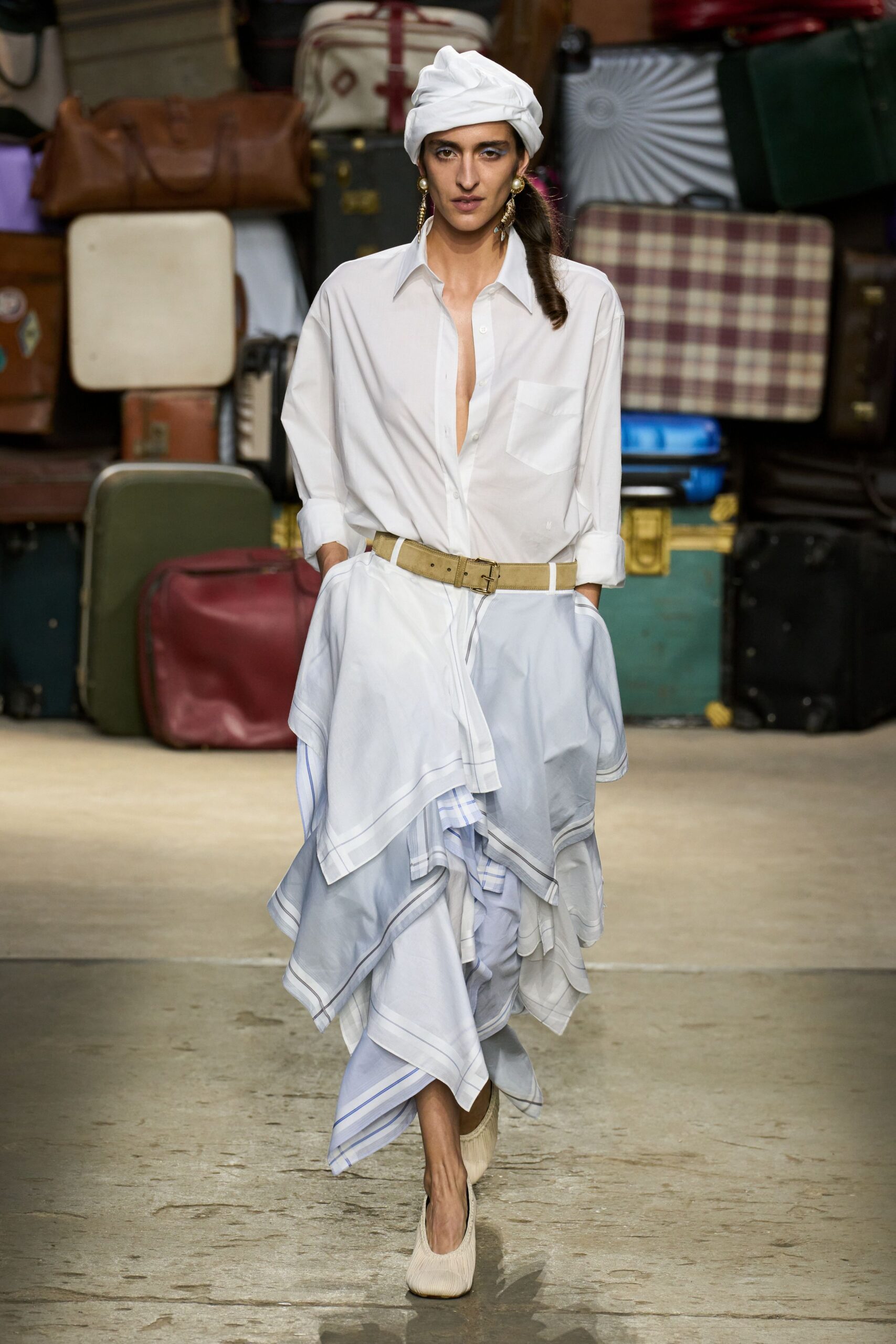 white cotton long-sleeve collared relaxed layered midi shirt-dress