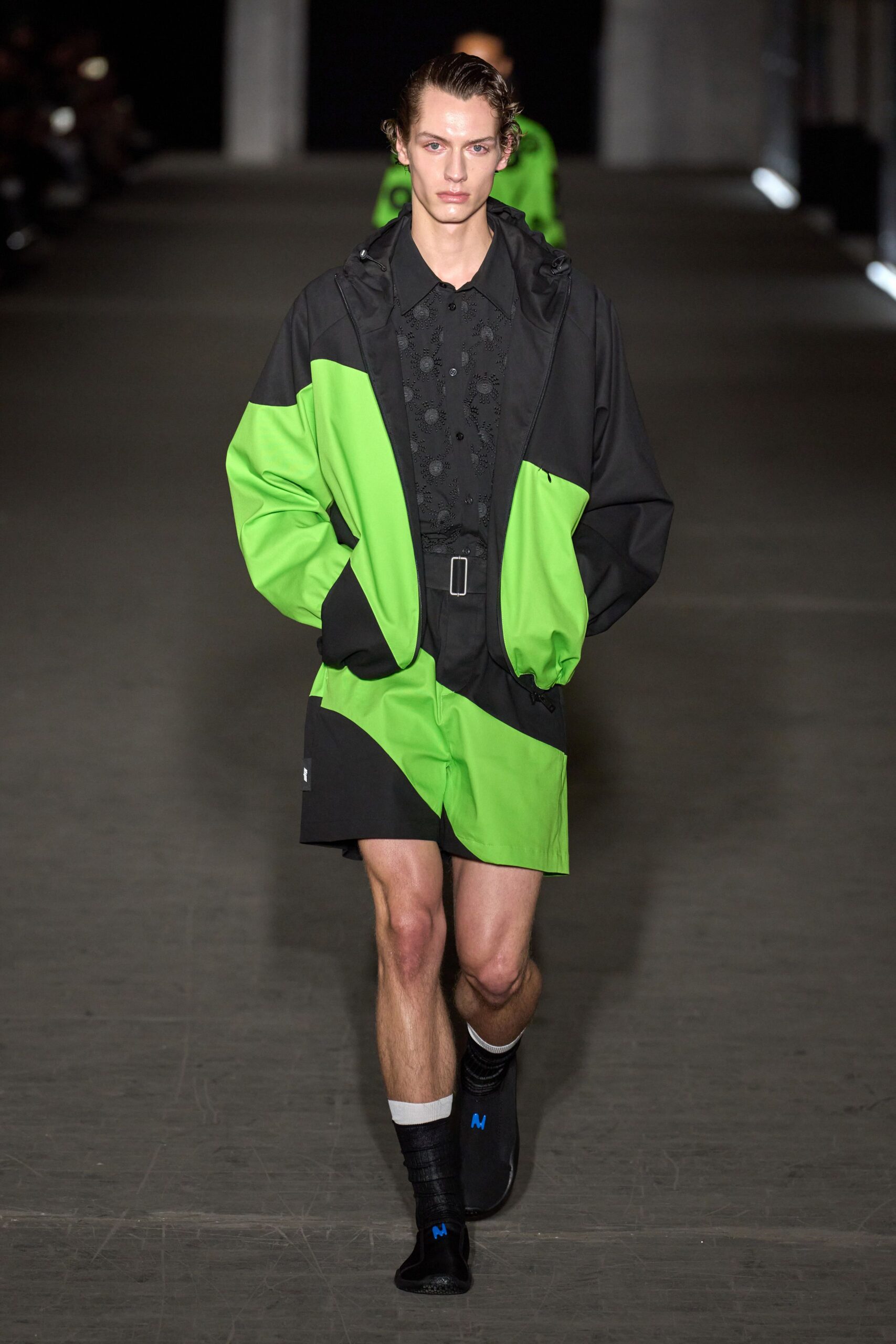 black jersey long-sleeve collared relaxed color-blocked jacket