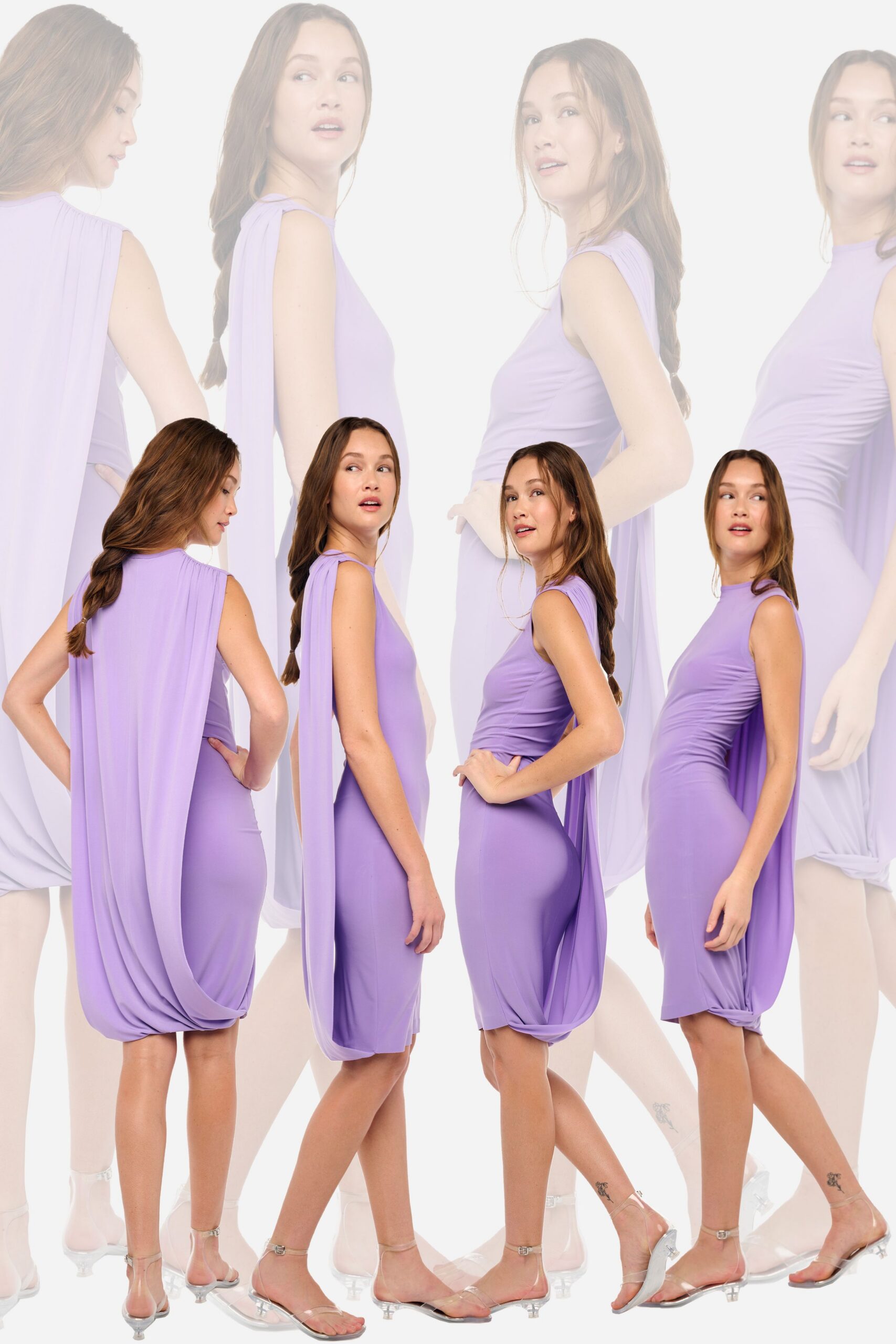 purple fitted mini dress with clear shoes