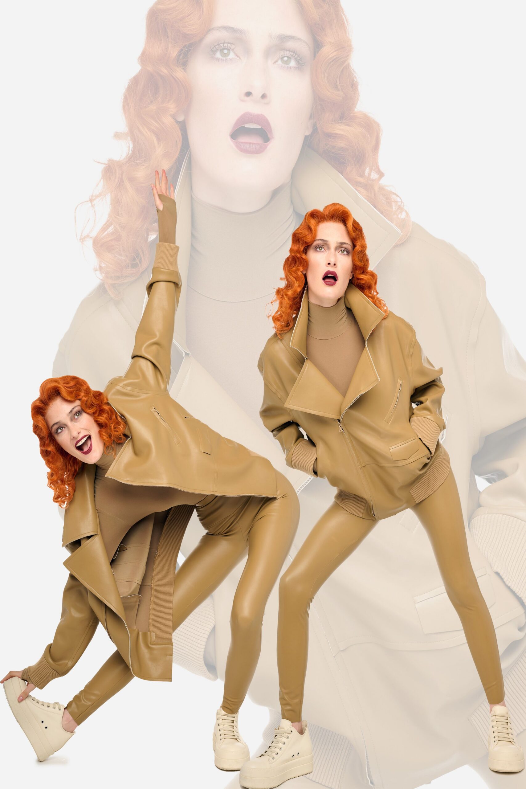beige vinyl long-sleeve collared oversized zippered jacket