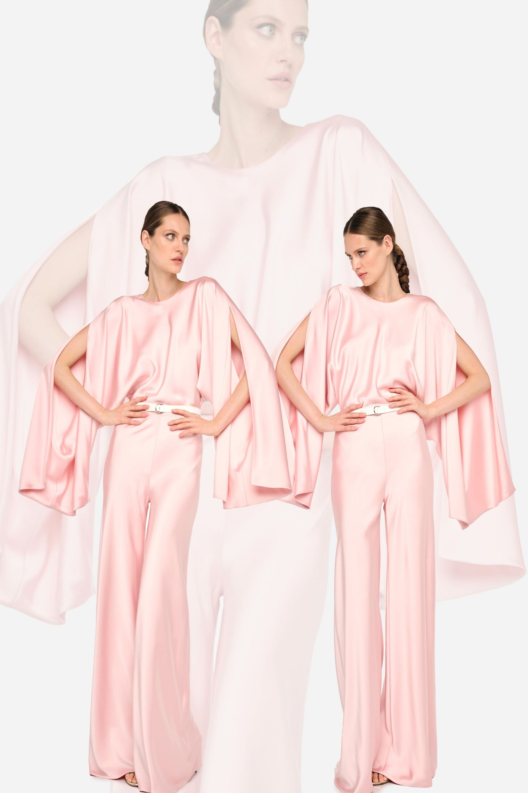 pink silk jumpsuit with cape