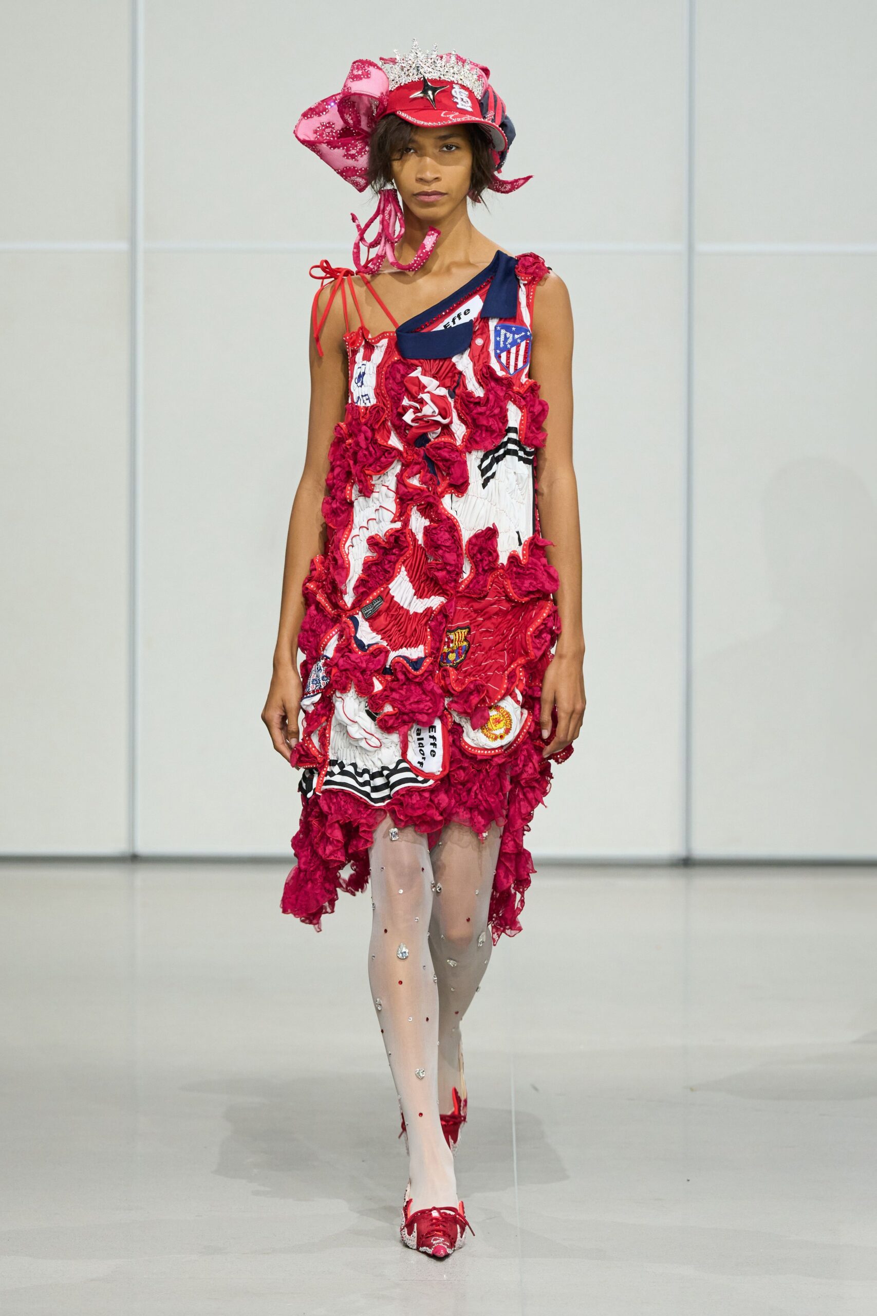 red cotton sleeveless v-neck fitted layered embroidered dress