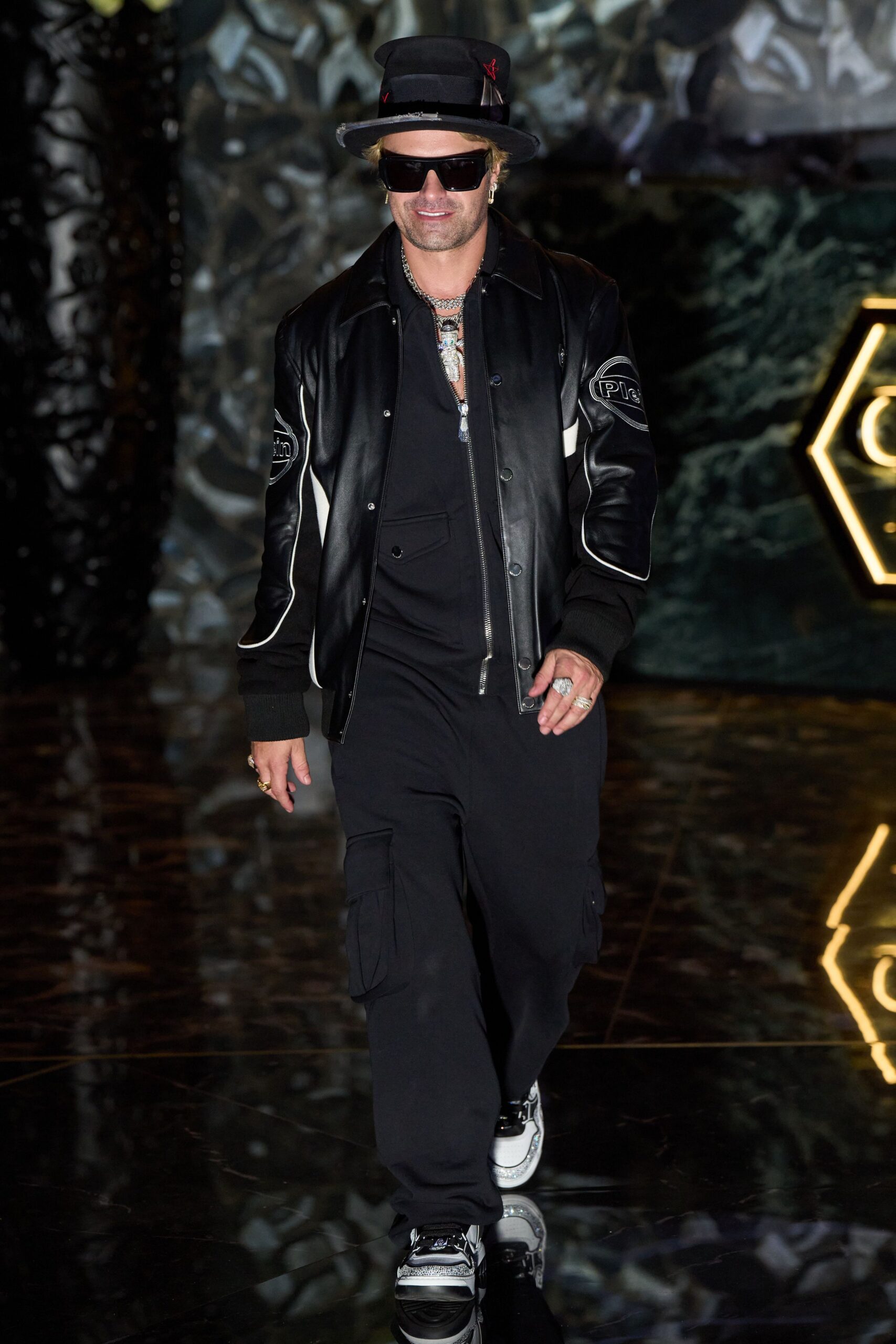 black leather jacket with cargo pants