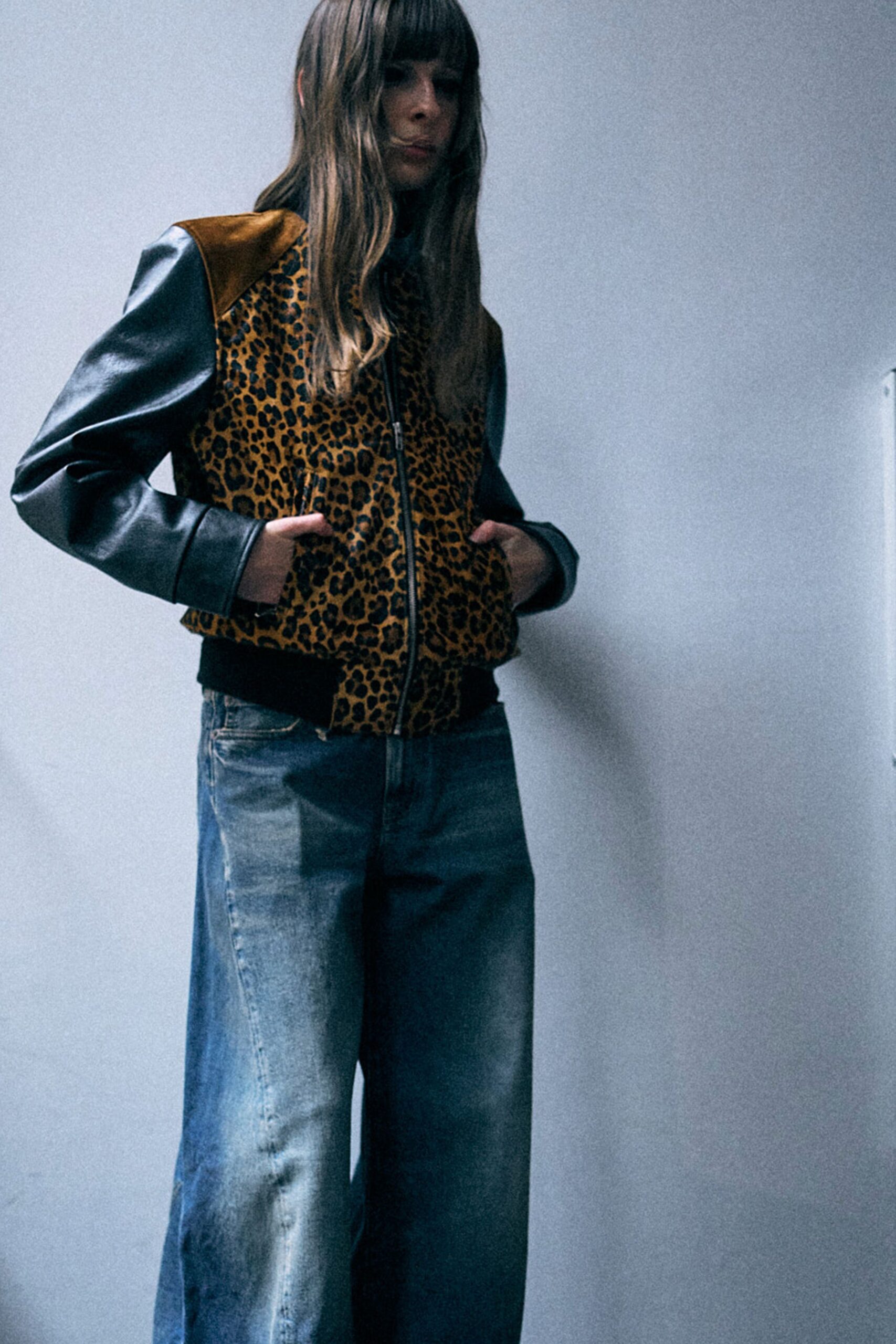 brown leather long-sleeve collared relaxed animal-print jacket