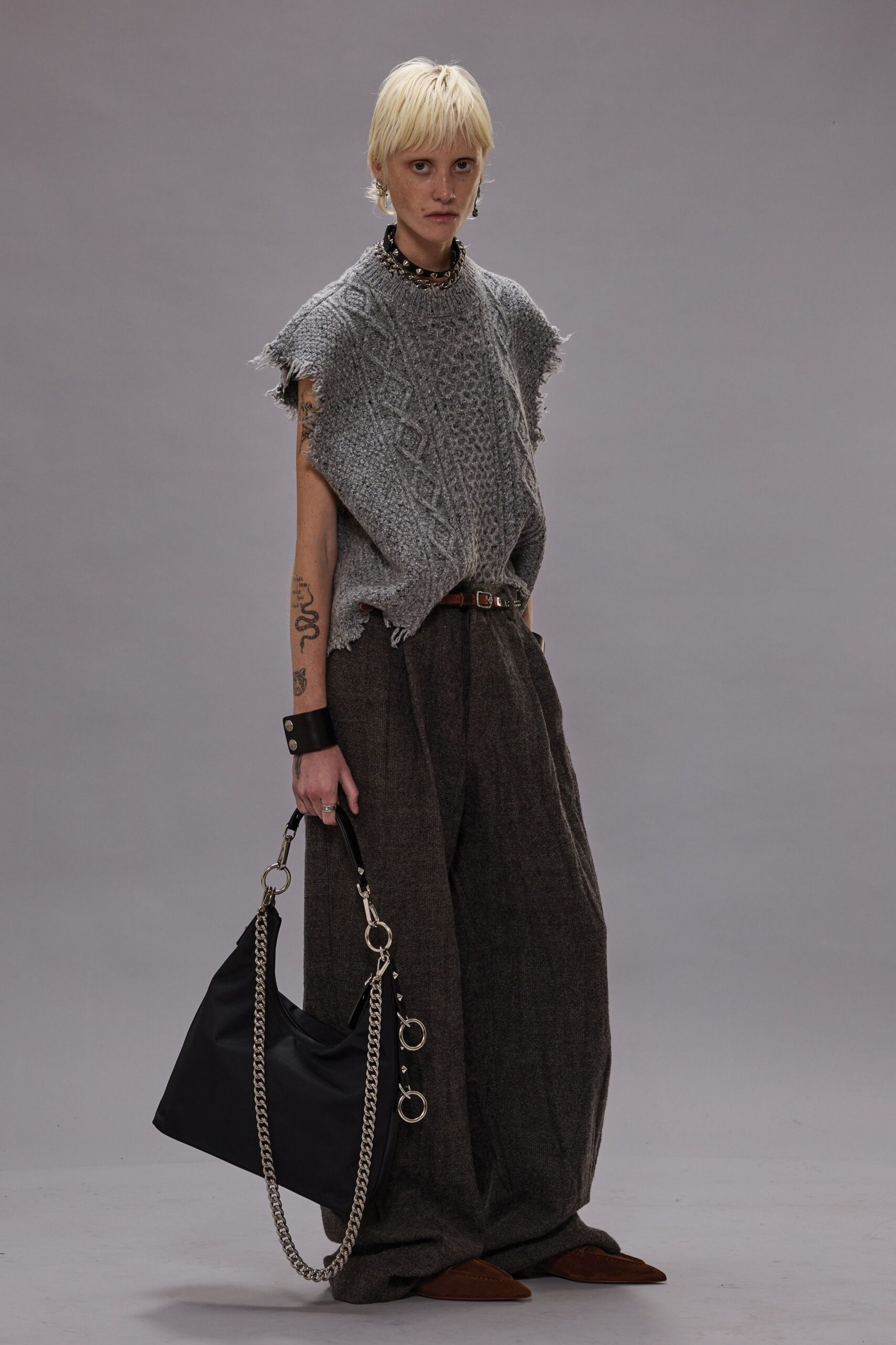 gray wool sleeveless top with wide-leg pants