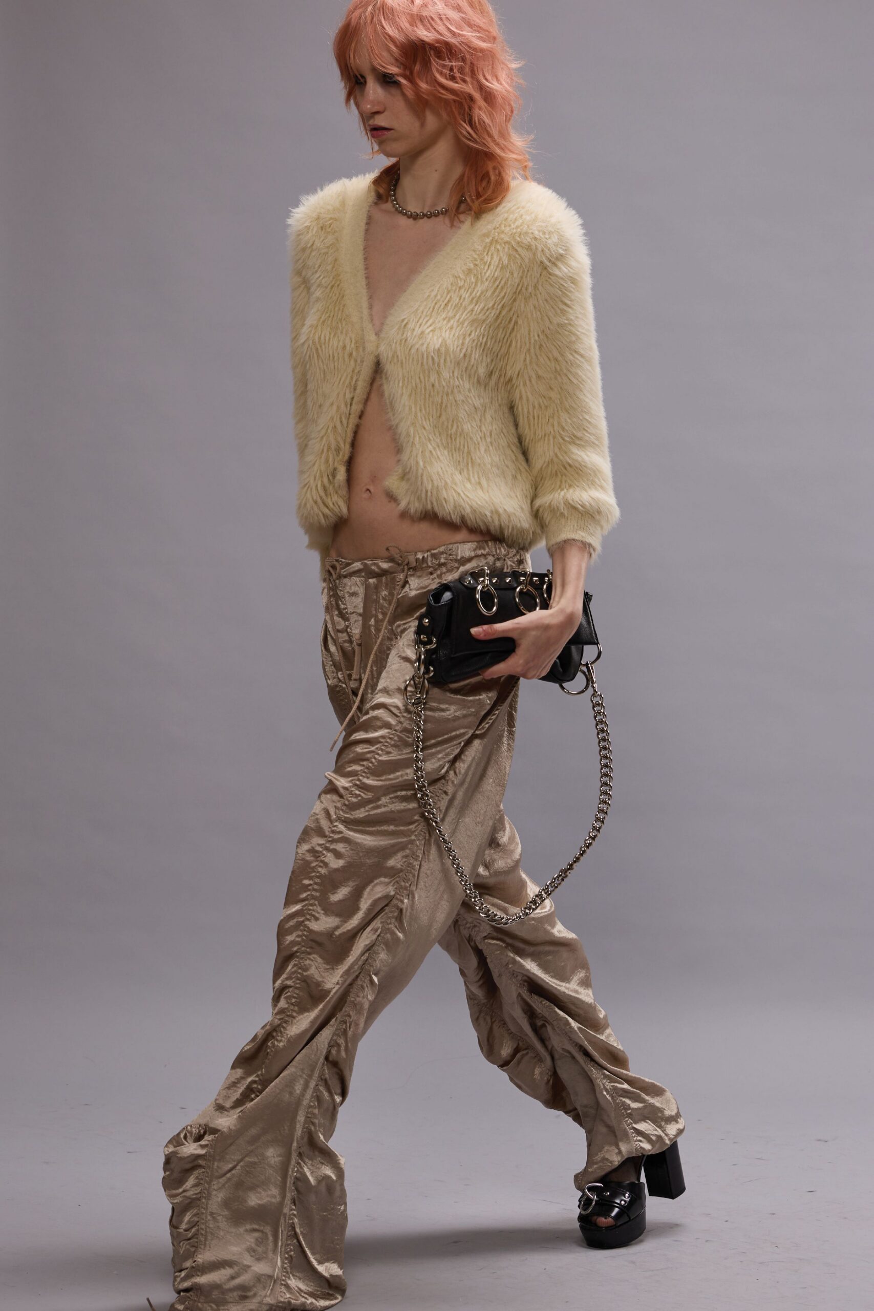 yellow faux-fur long-sleeve v-neck relaxed cardigan