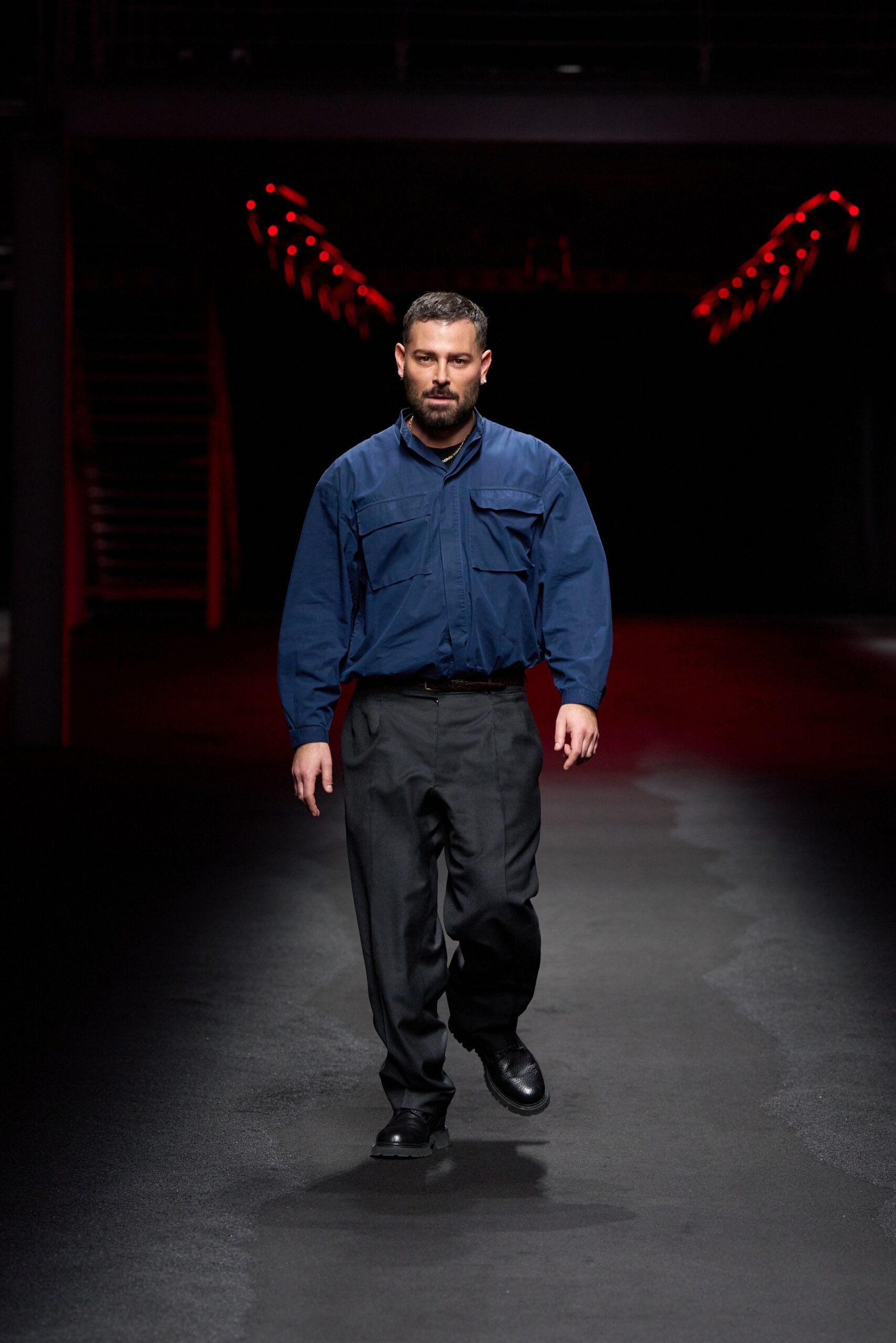 blue relaxed shirt black pants