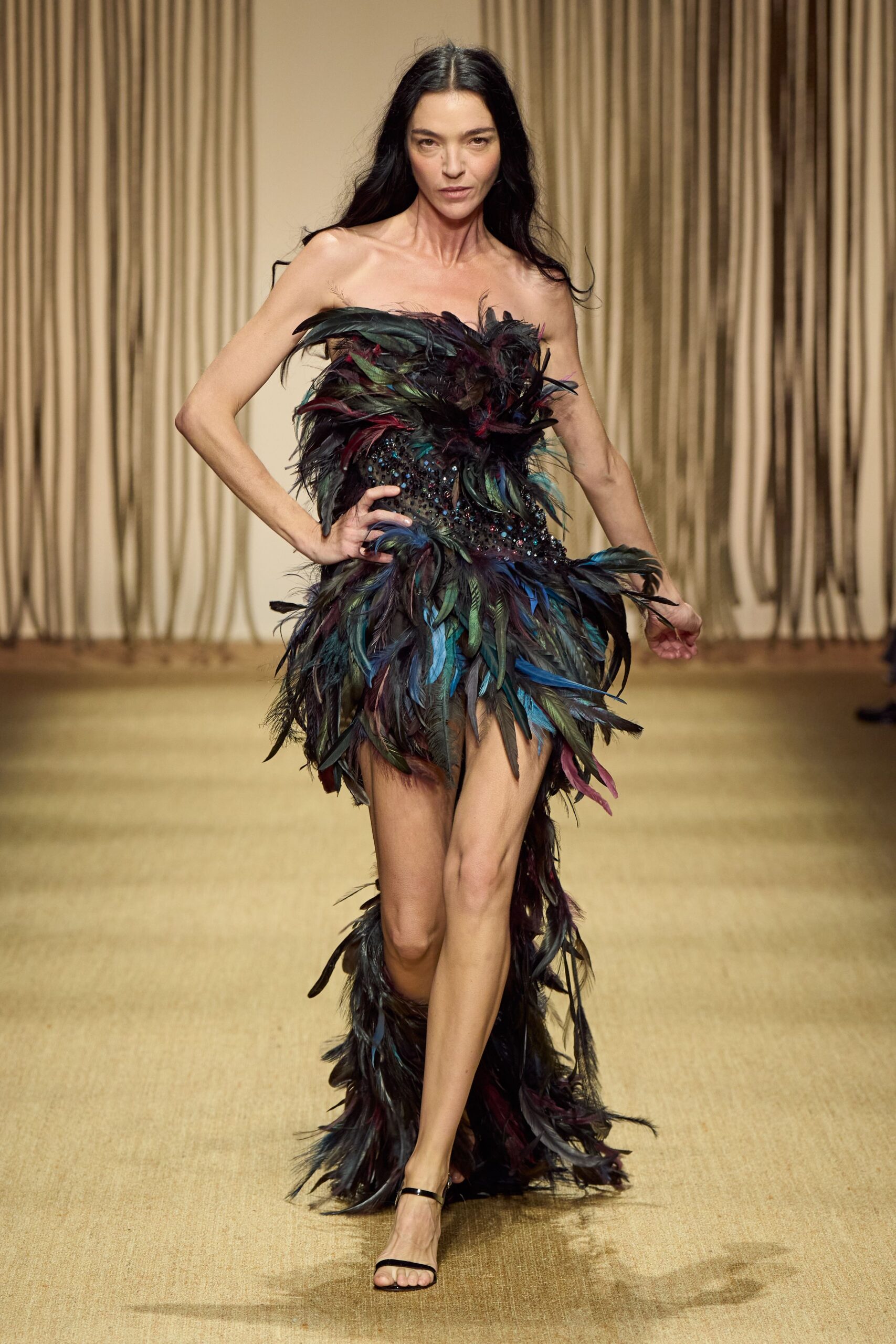 multi feather strapless fitted fringed maxi gown