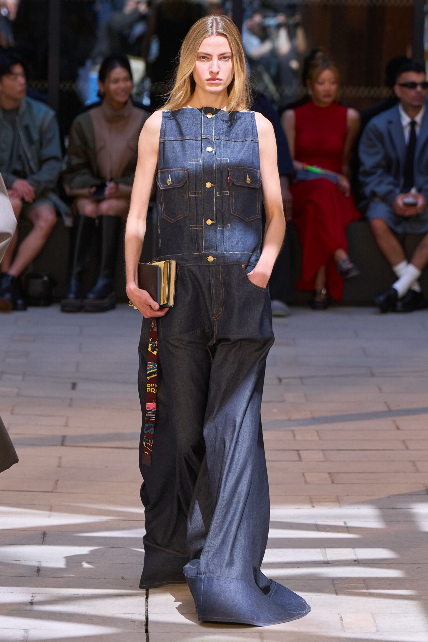 blue denim sleeveless collared relaxed wide-leg buttoned jumpsuit
