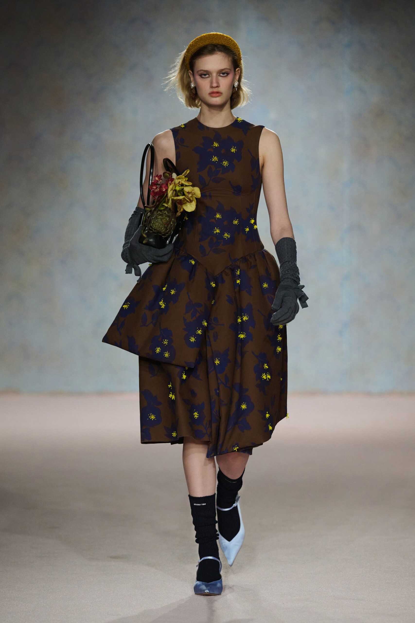 brown cotton sleeveless high-neck fitted flared printed dress