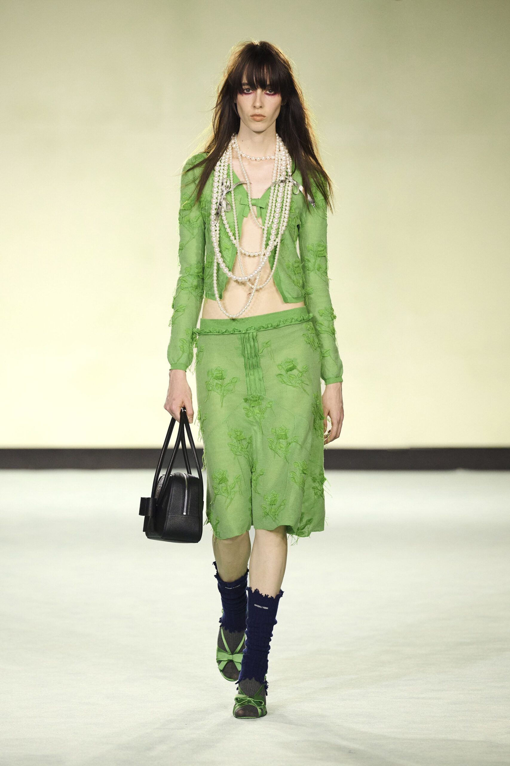green silk fitted embroidered midi skirt