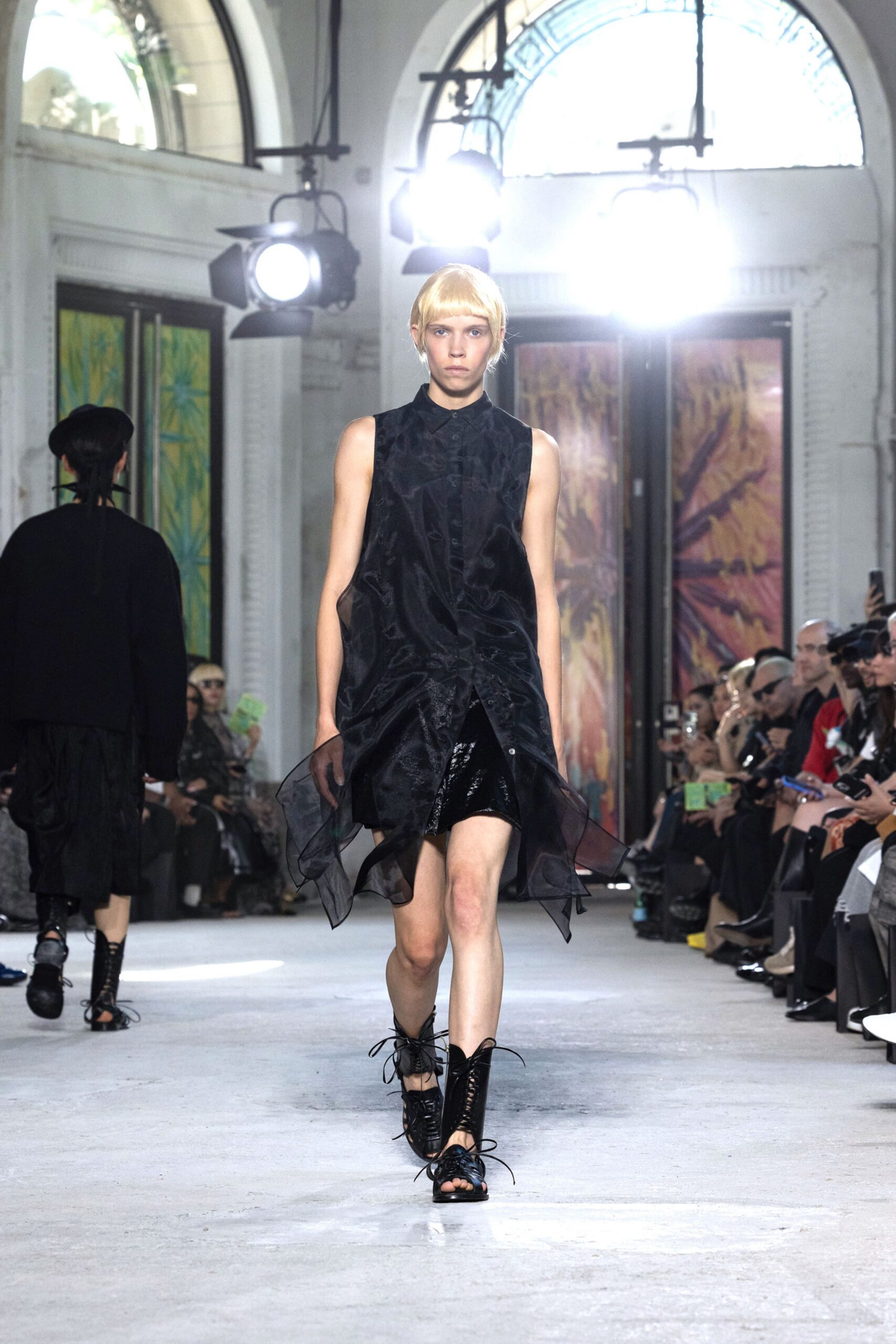 black silk sleeveless high-neck fitted draped flowing dress