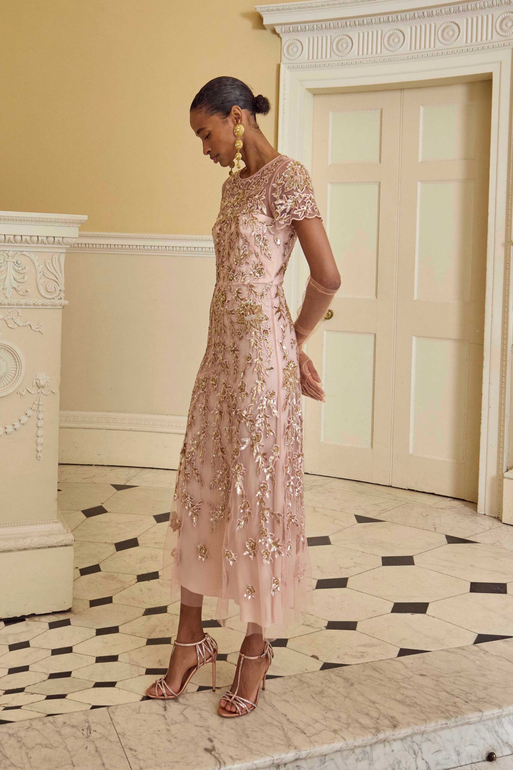 pink embroidered midi dress with heels