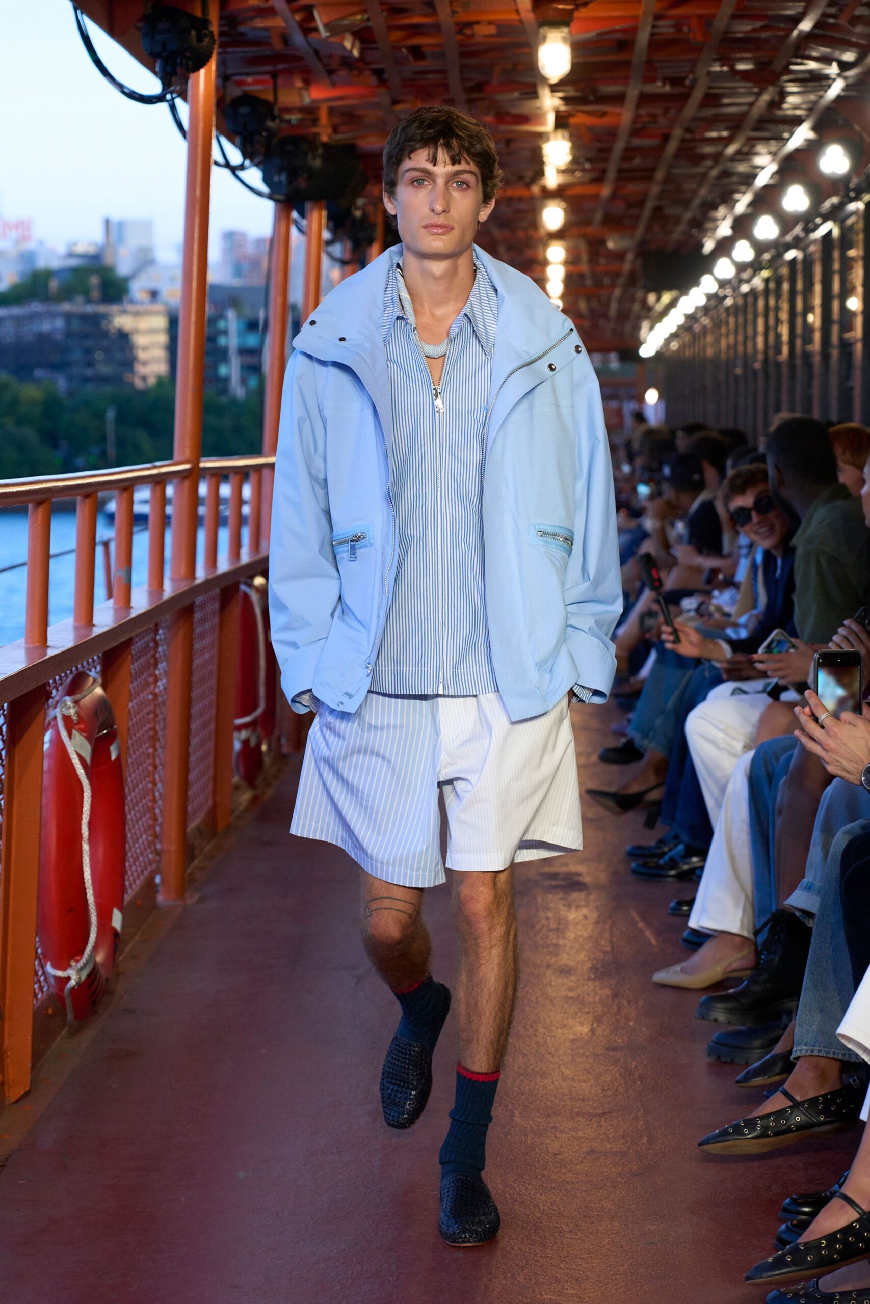 blue cotton long-sleeve collared relaxed zippered jacket