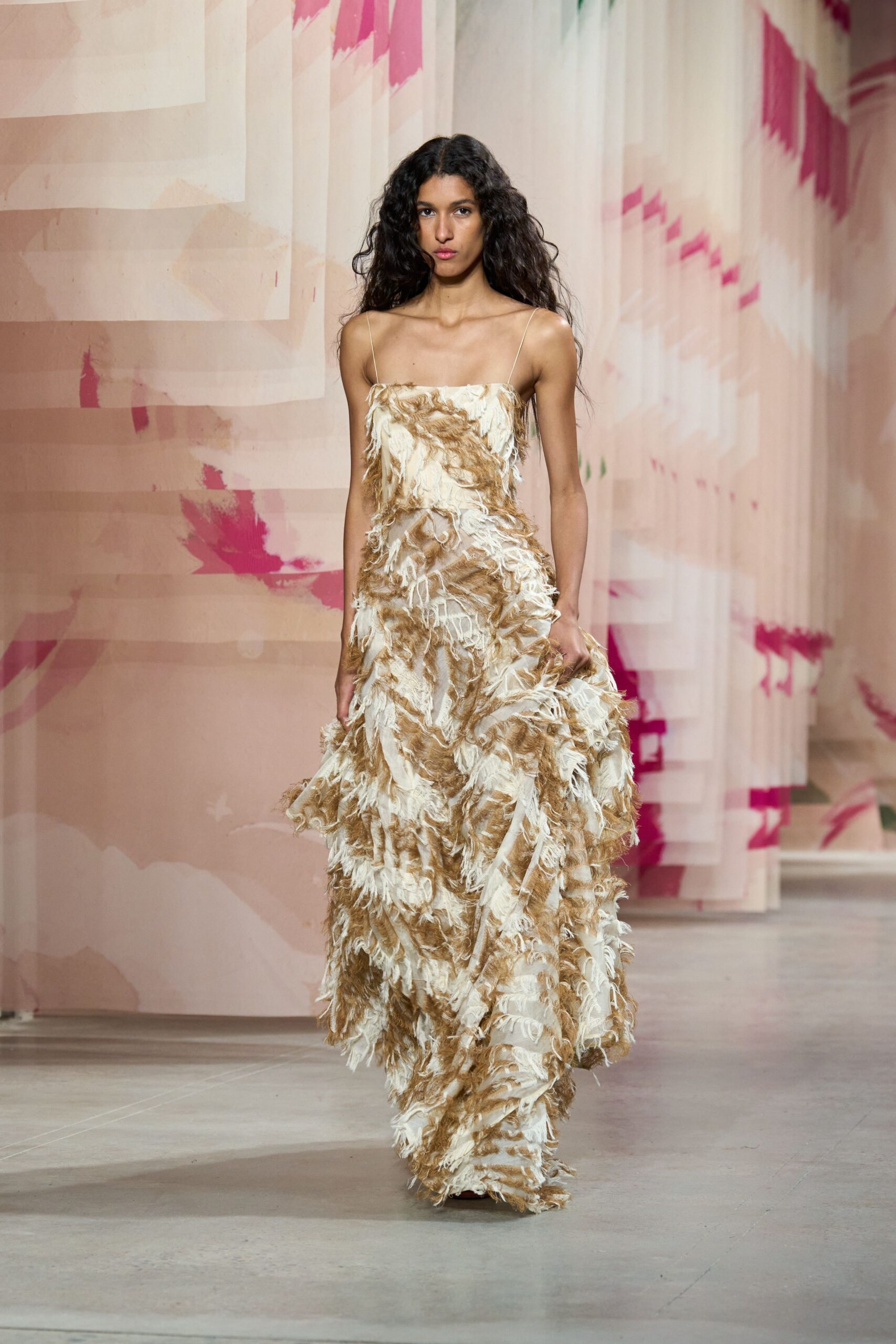 beige gold ruffled gown