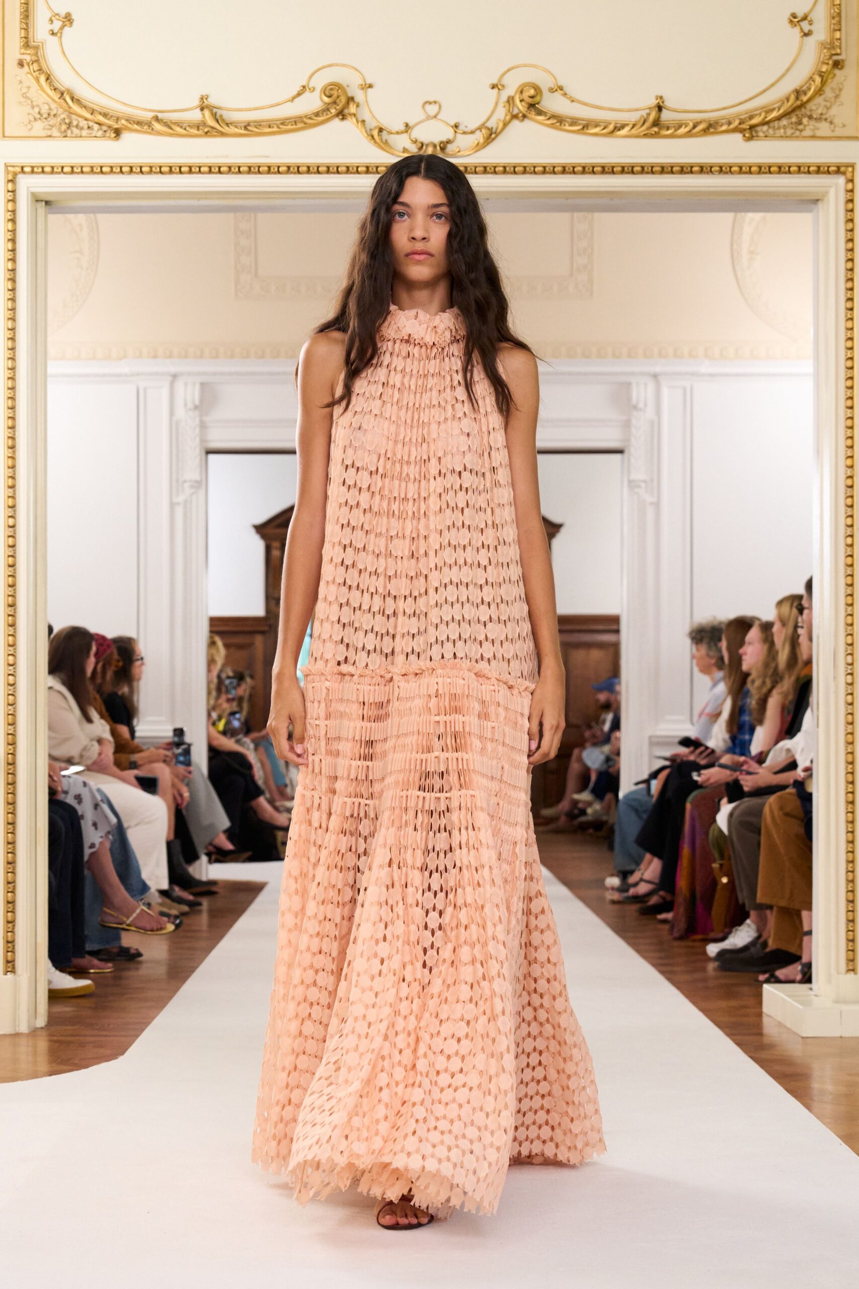 pink chiffon sleeveless high-neck fitted pleated layered gown