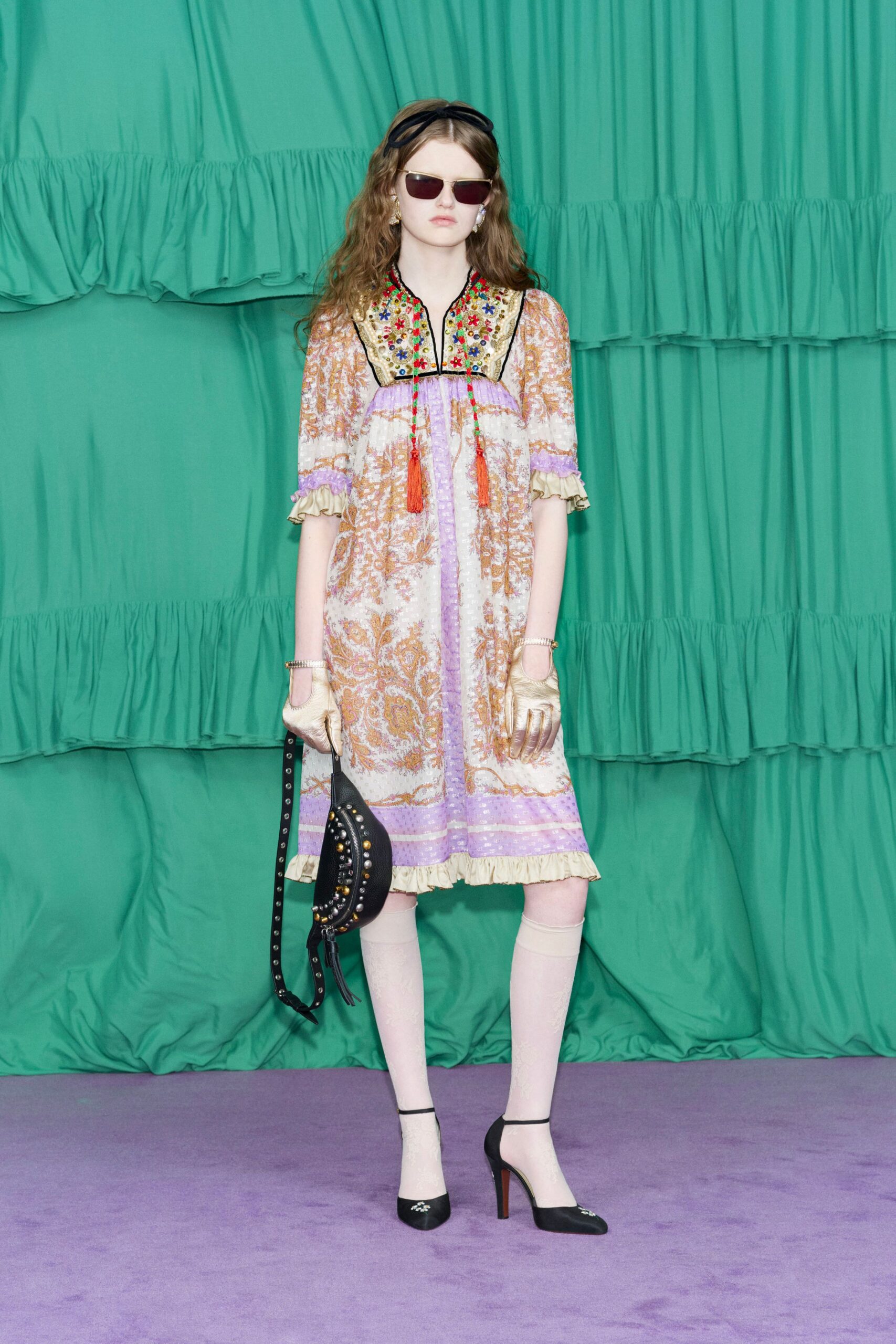 orange silk short-sleeve collared relaxed embroidered tiered dress