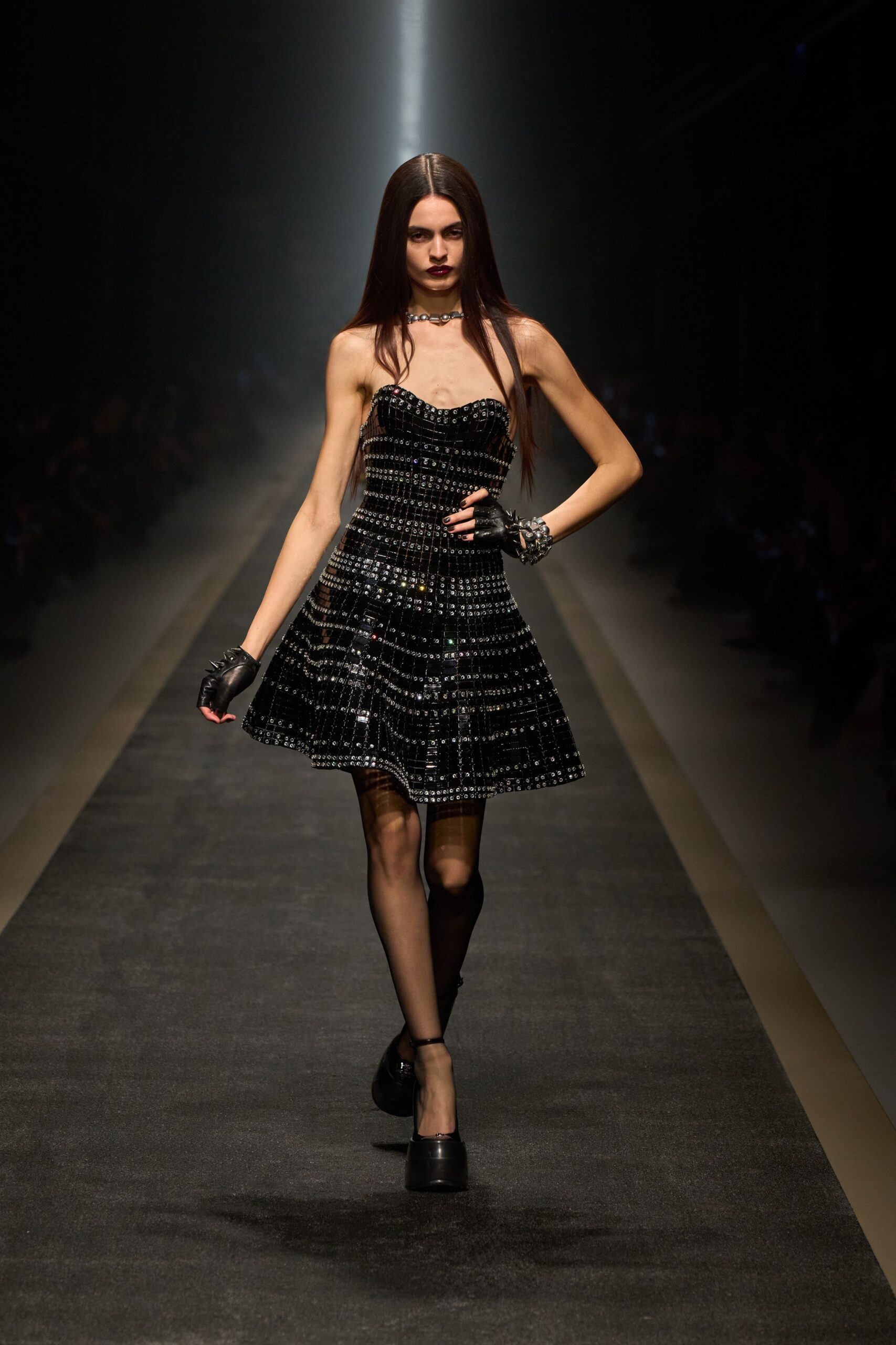 black pleated mini dress