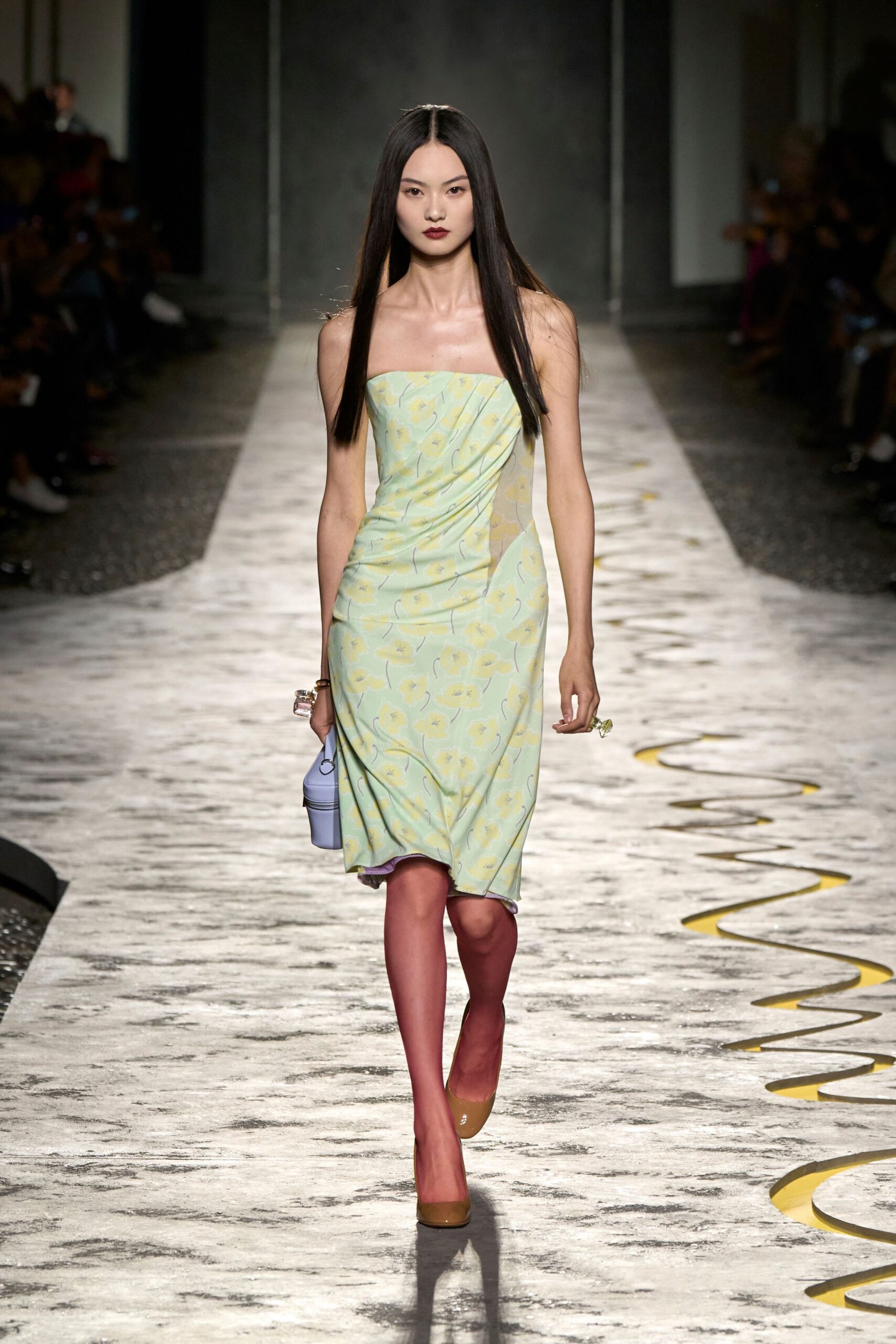 yellow silk sleeveless square-neck fitted floral ruched dress
