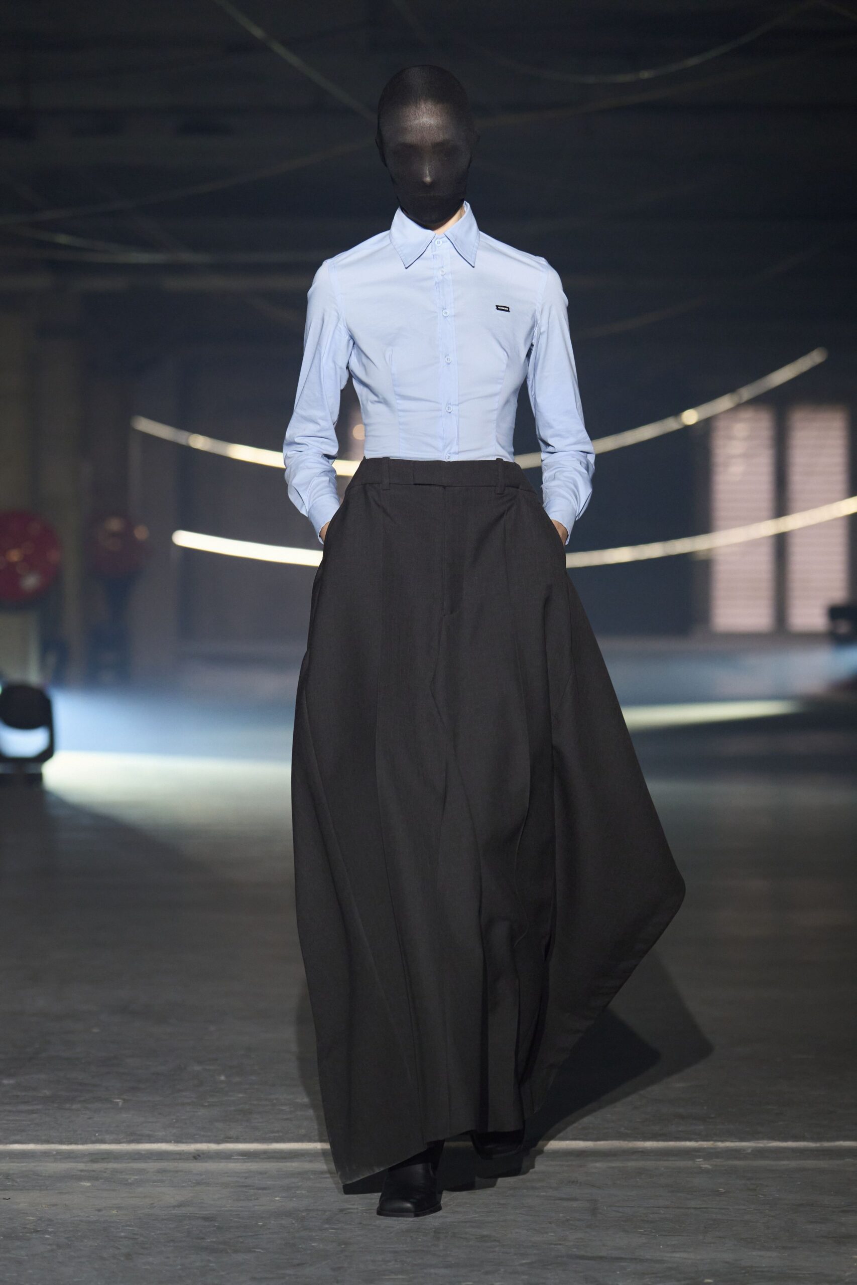 blue cotton shirt black wool skirt