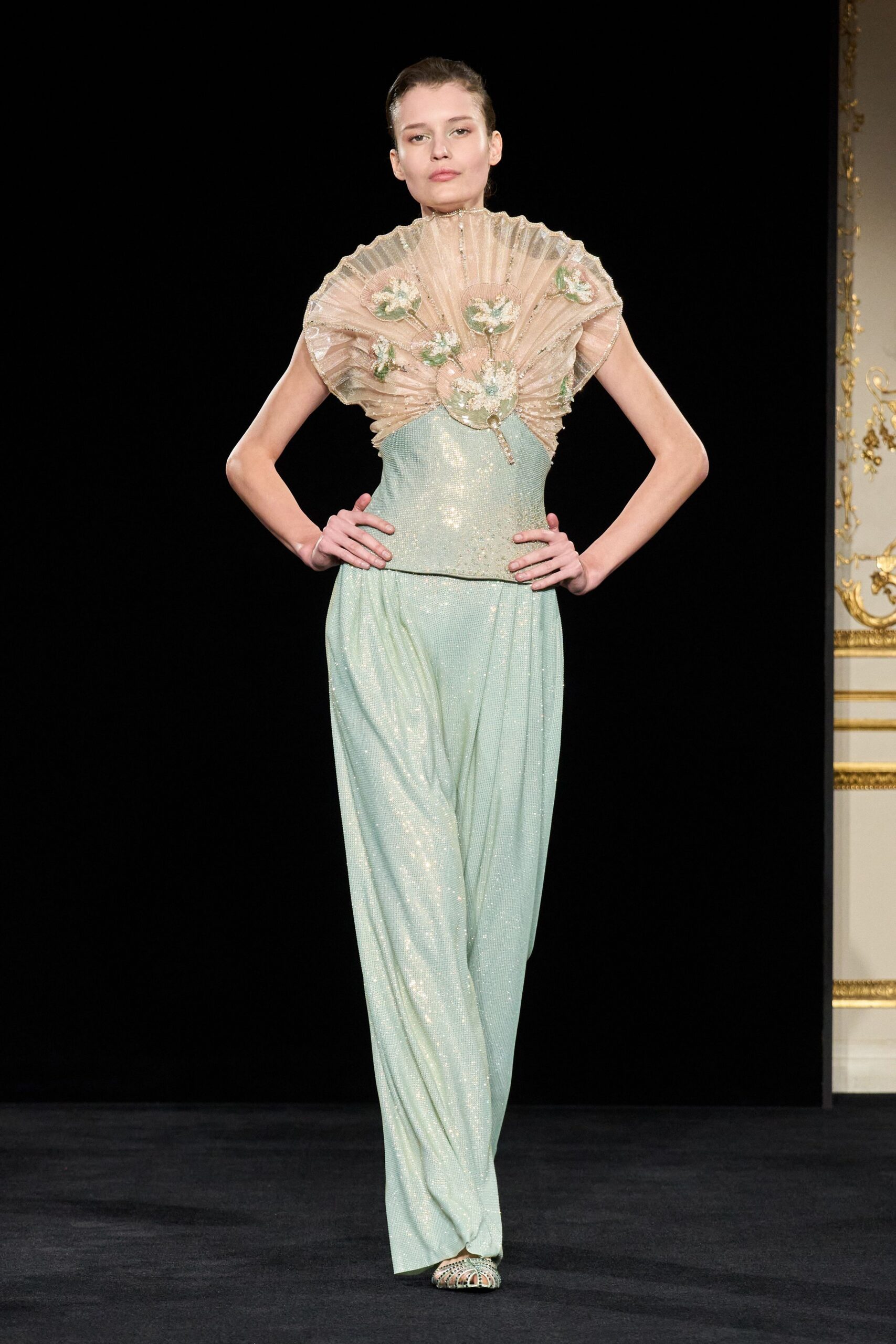 green silk relaxed wide-leg flowing pants