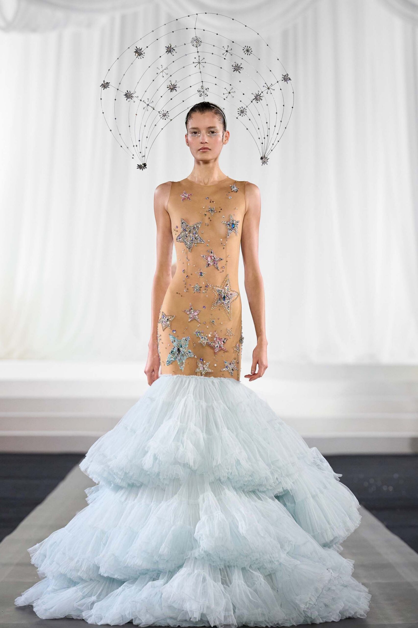 beige and light blue embroidered gown