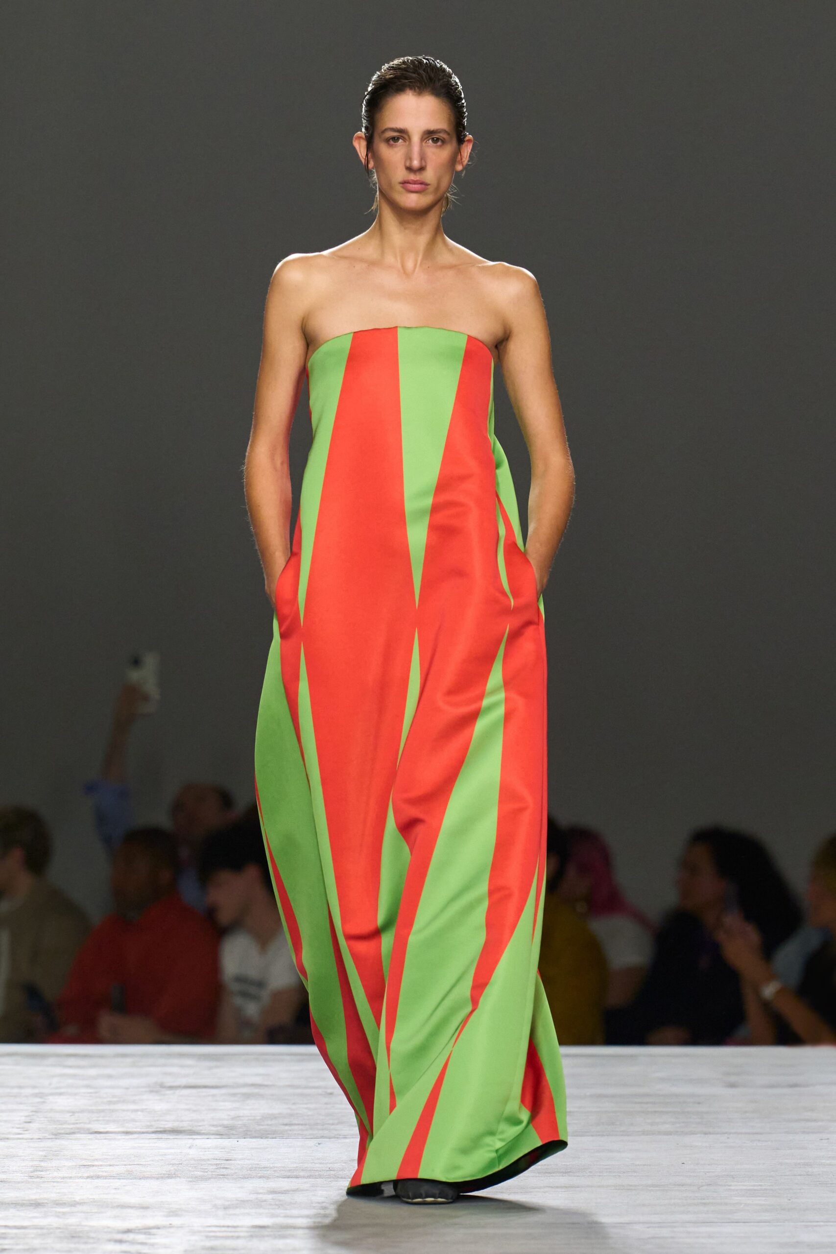red and green color-blocked gown