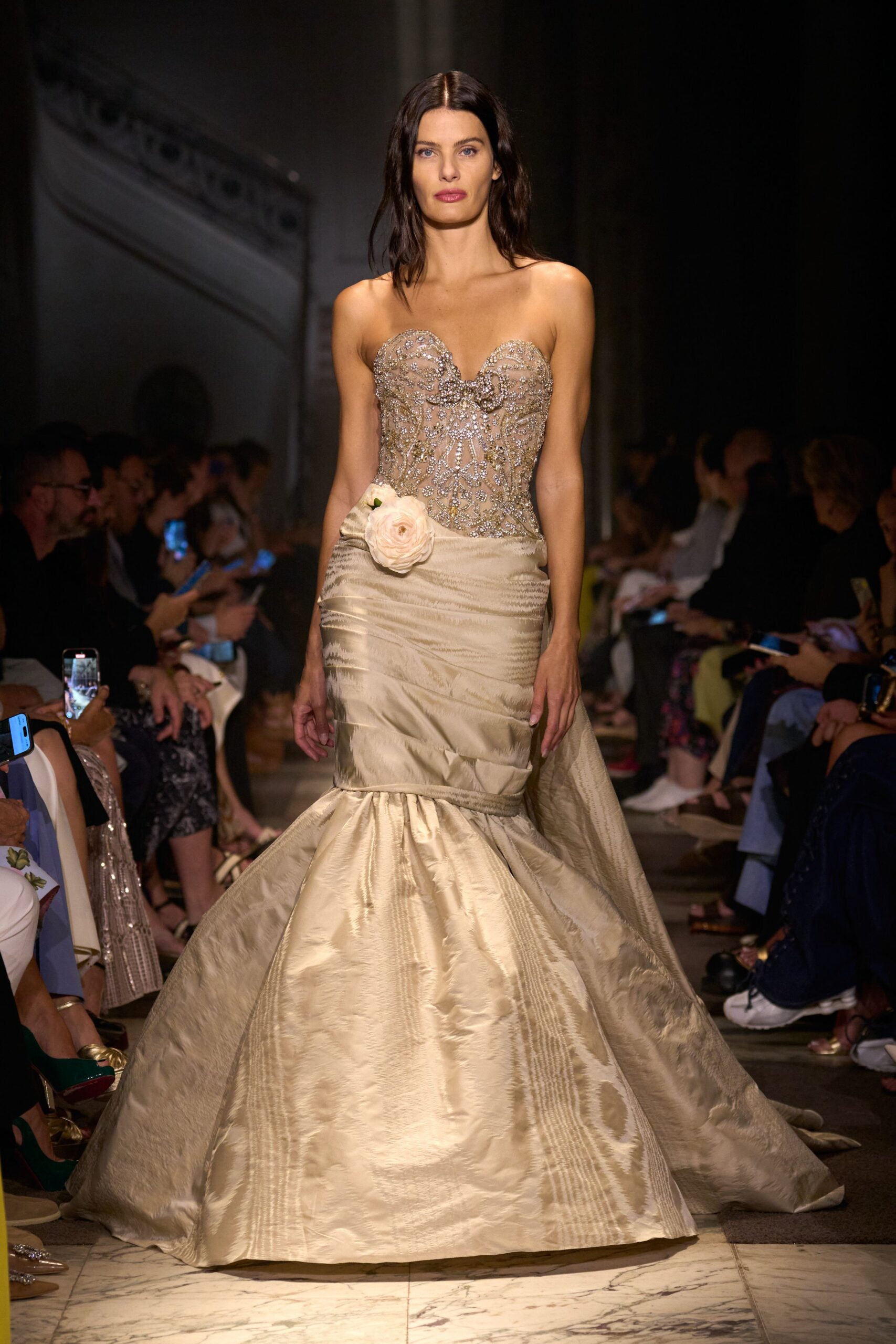 beige strapless embellished gown