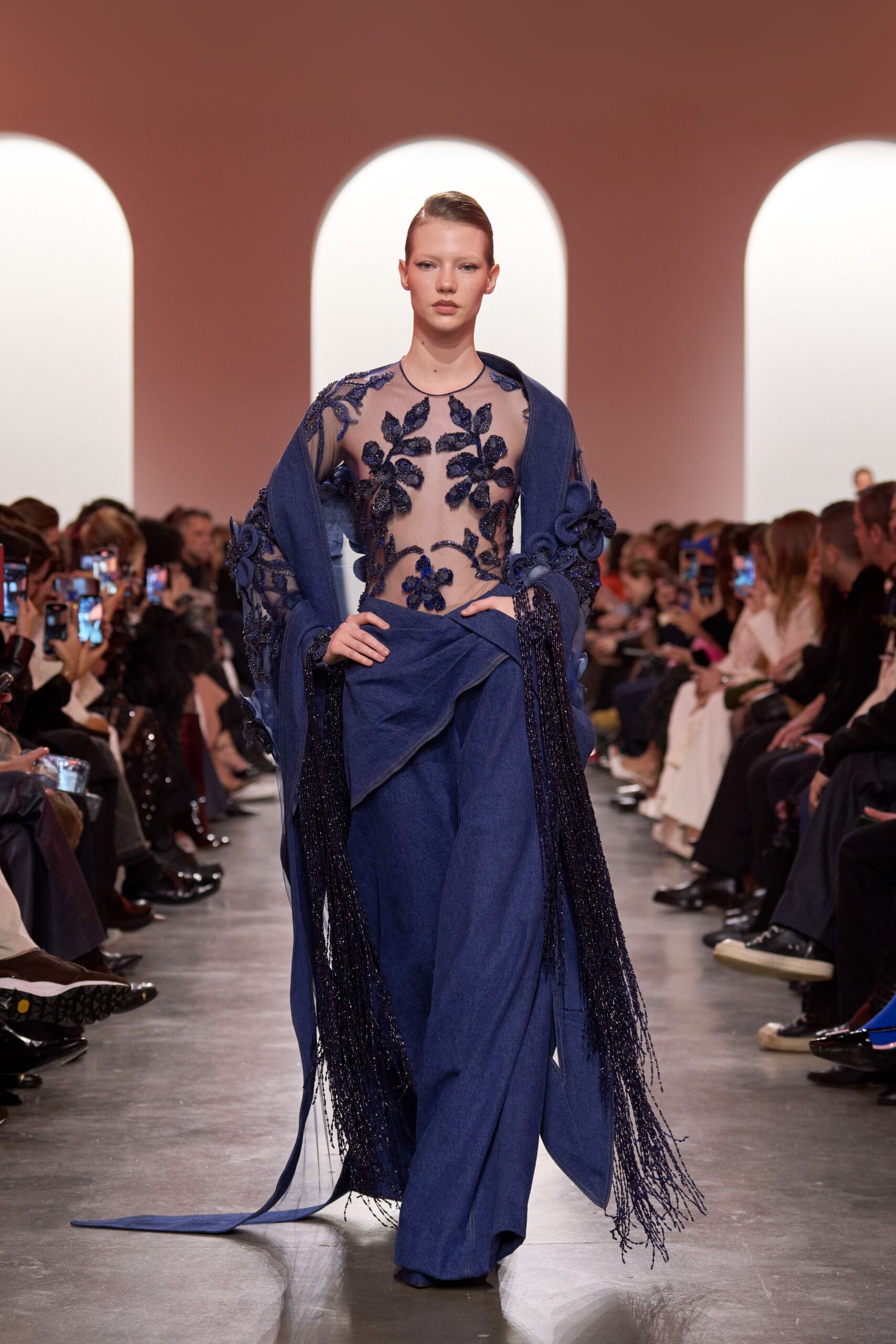 blue denim long-sleeve v-neck fitted embroidered sheer top
