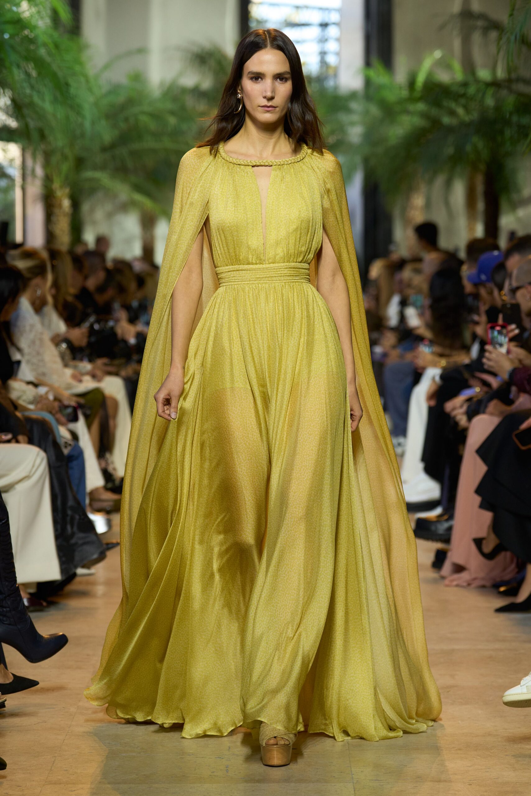 yellow silk sleeveless v-neck fitted draped flowing gown