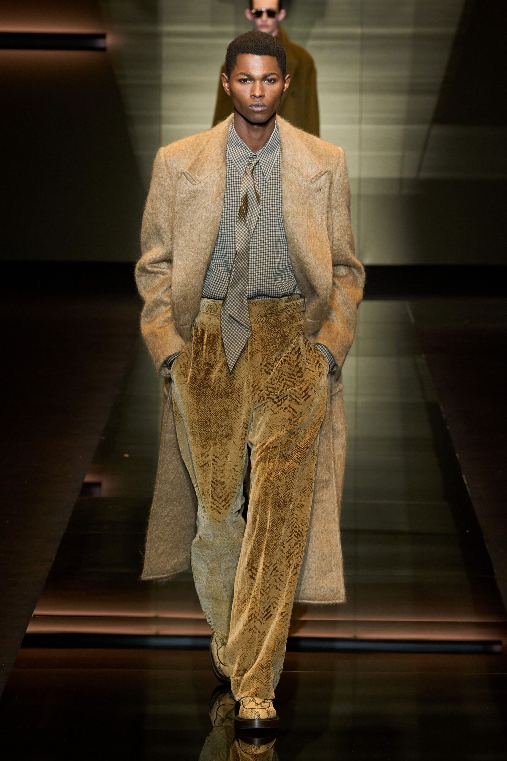 beige wool coat with checked shirt