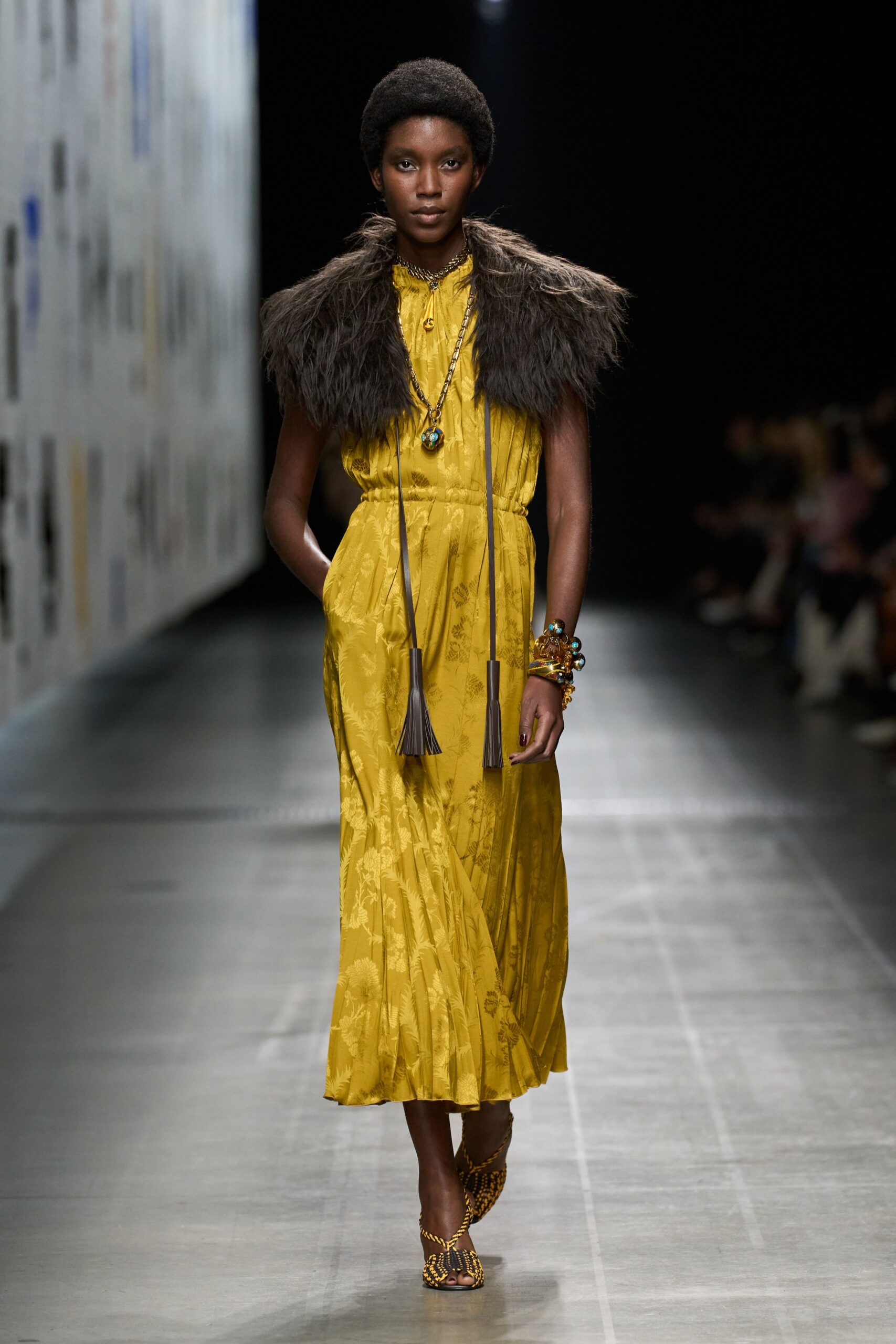 yellow silk midi dress with fur cape
