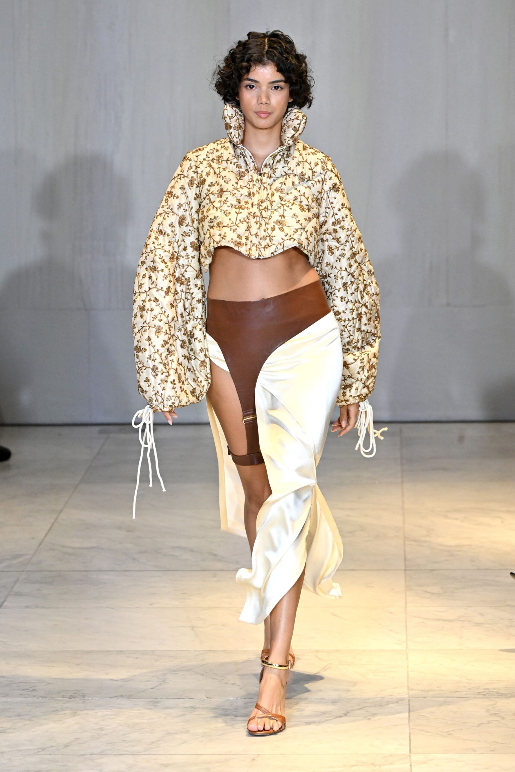 beige embroidered top with asymmetric skirt