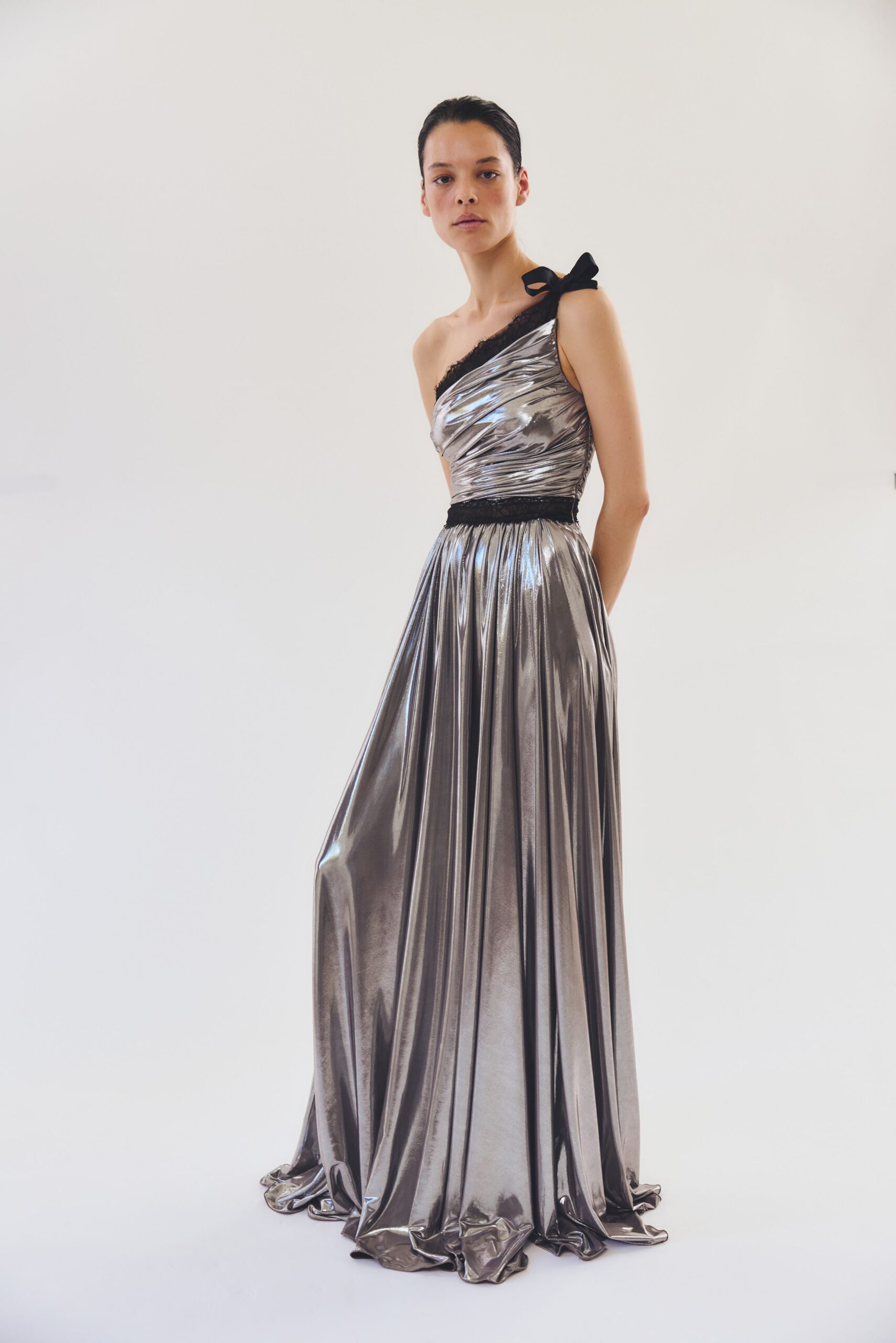 silver satin off-shoulder gown