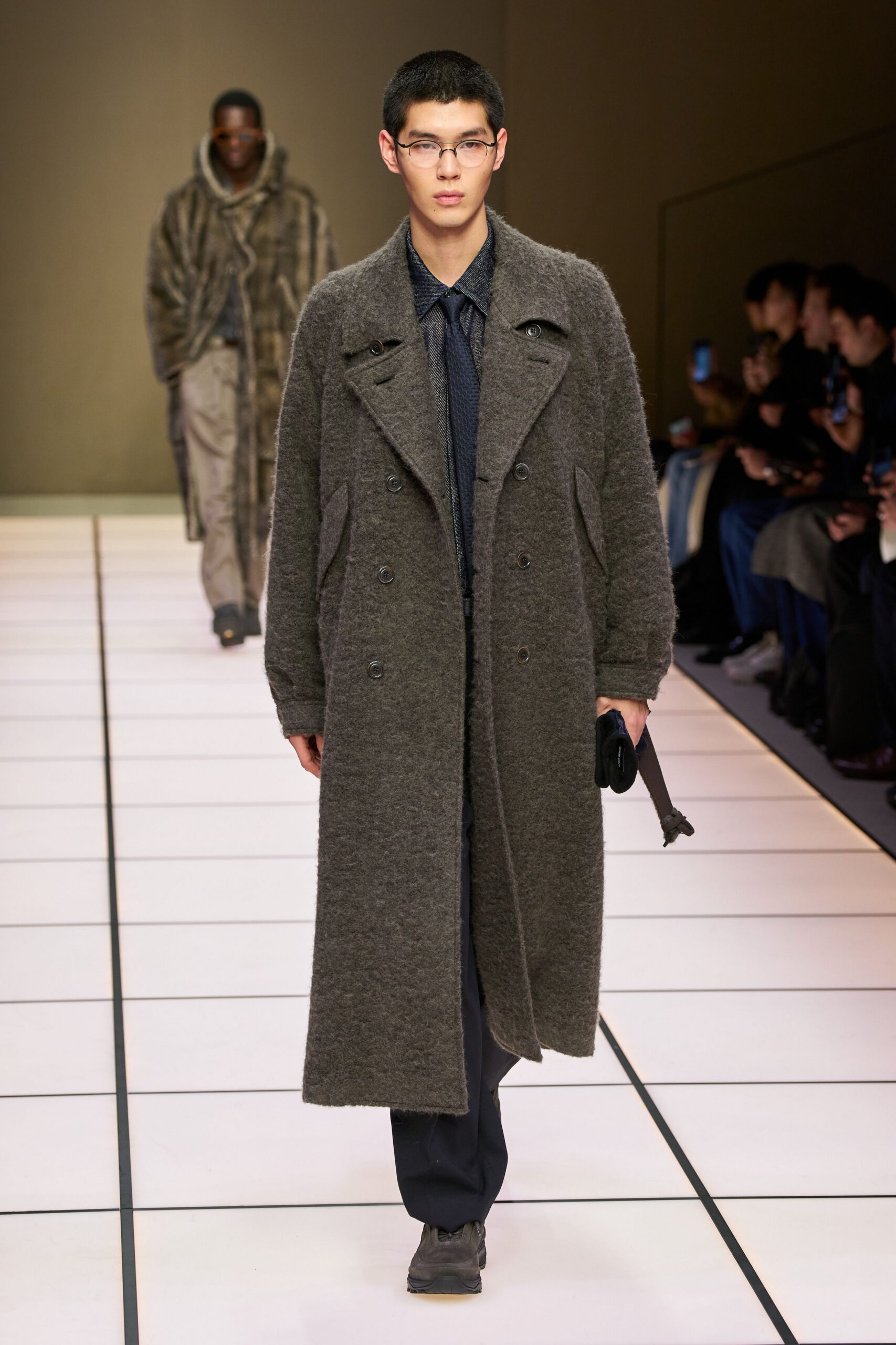 gray wool long-sleeve collared relaxed buttoned maxi coat