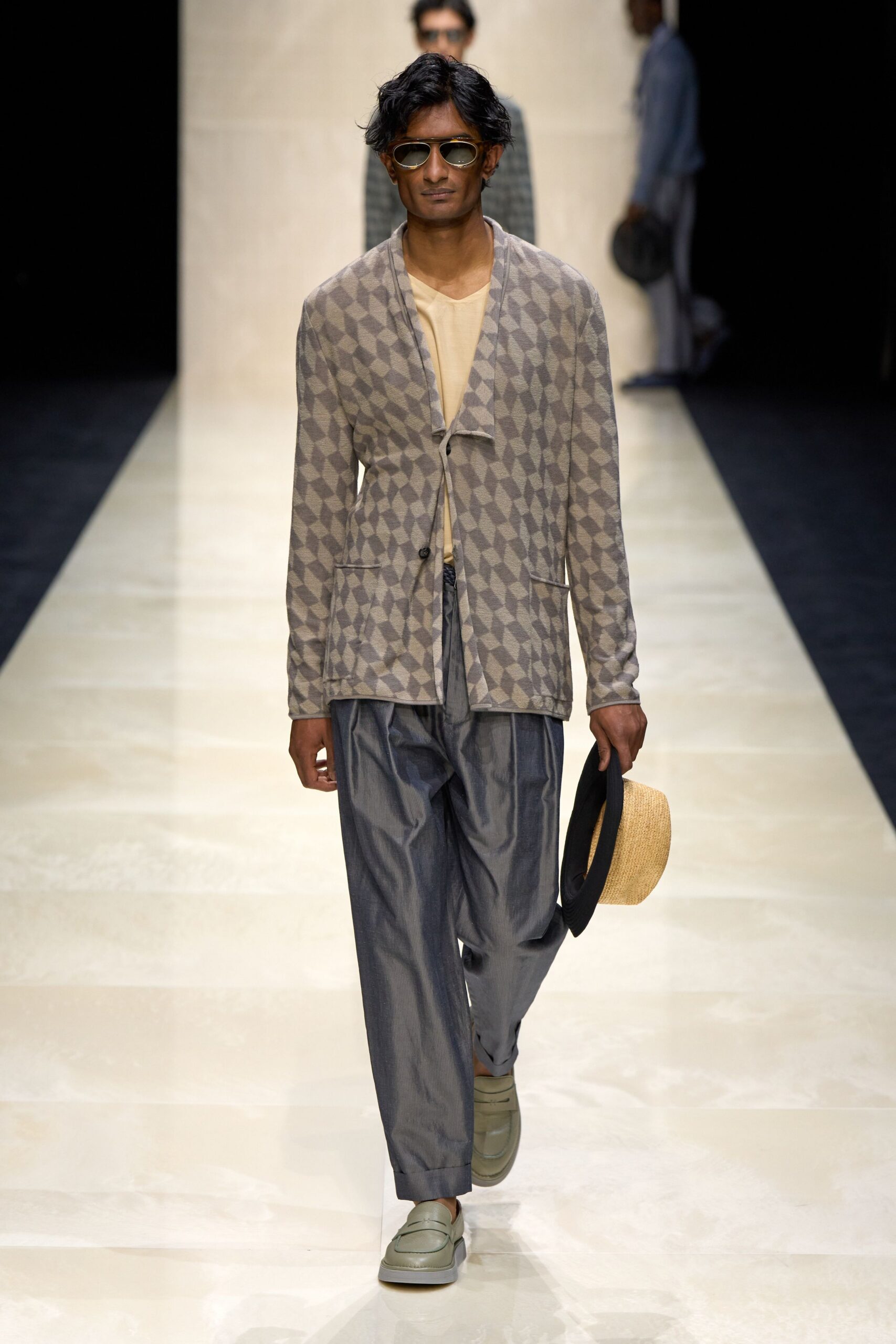 beige checked jacket with relaxed pants