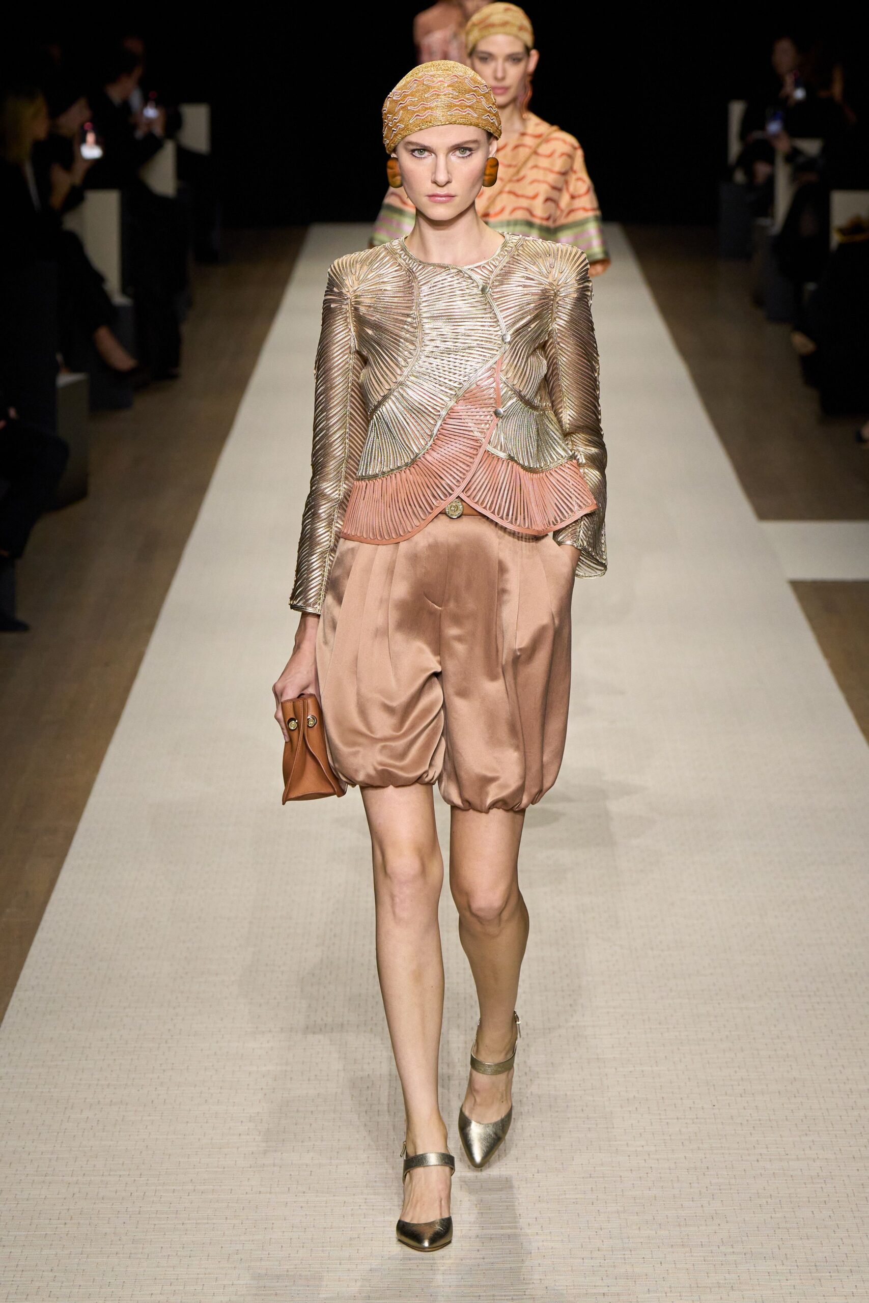 gold silk long-sleeve collared fitted pleated layered jacket