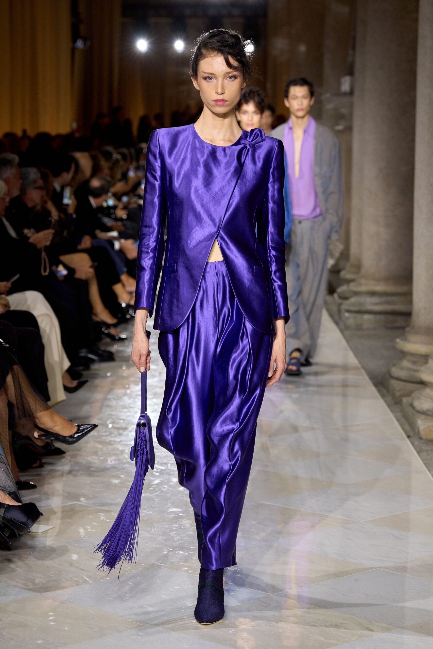 purple satin long-sleeve collared tailored shiny blazer