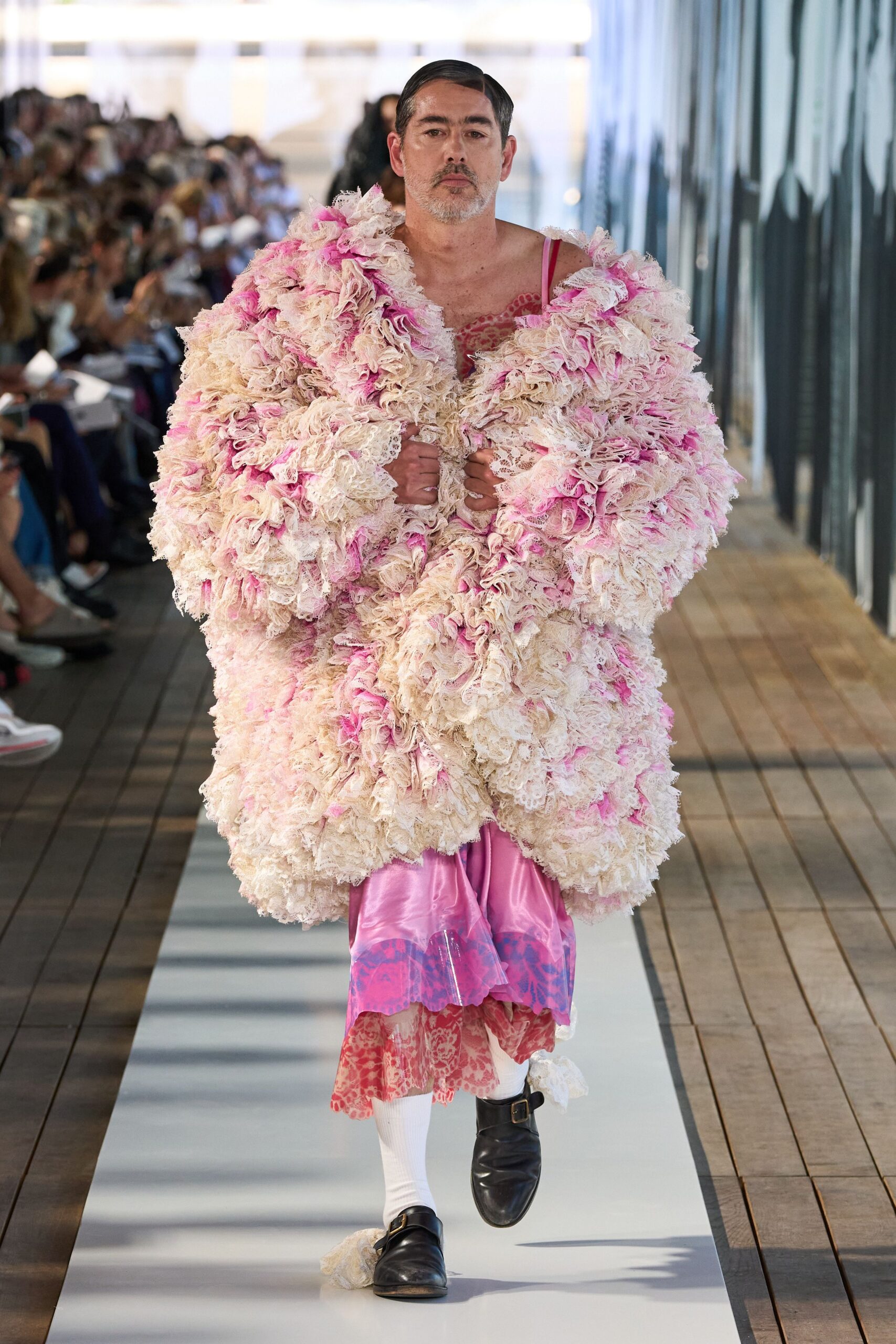pink oversized ruffled coat