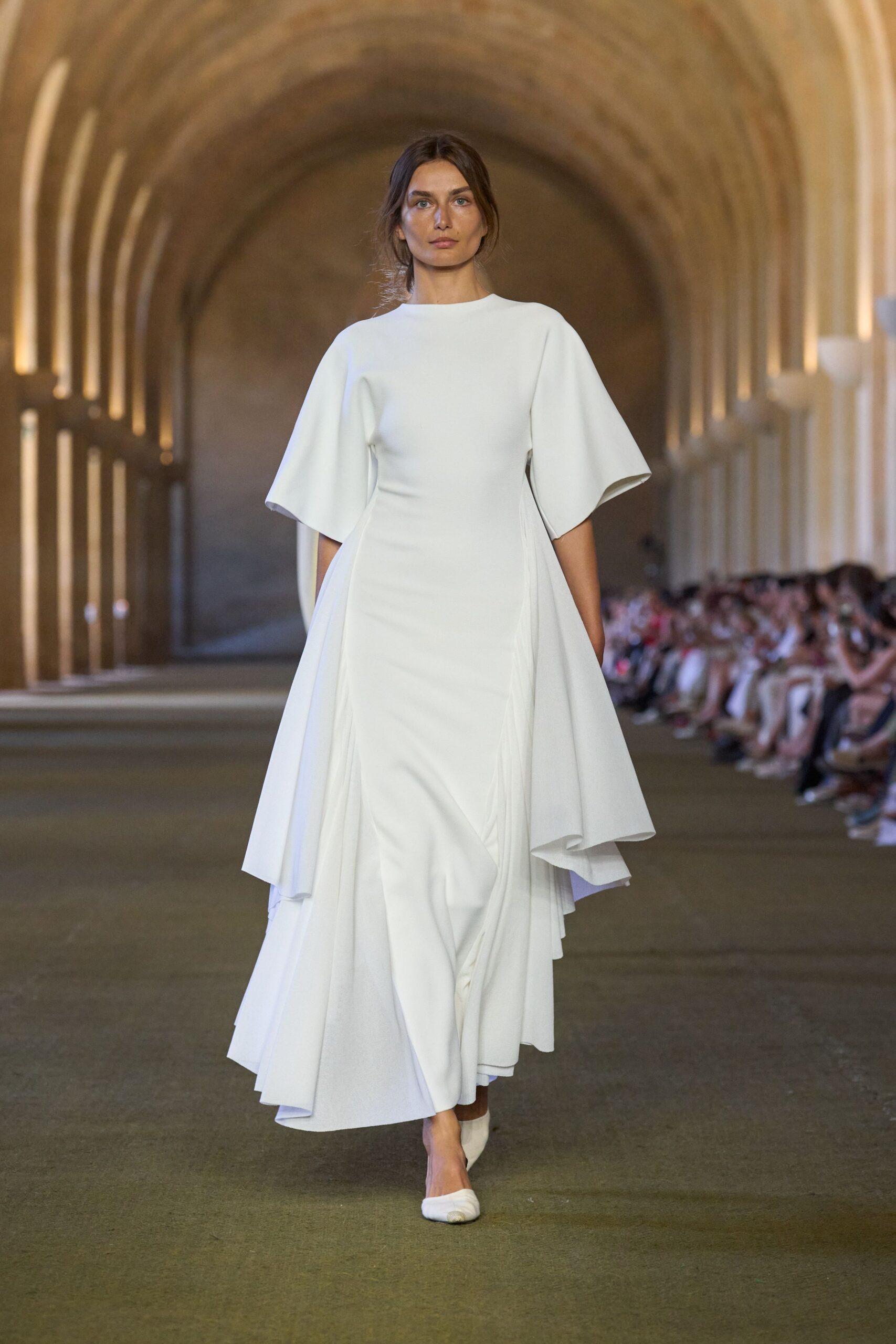 white cotton short-sleeve high-neck fitted layered pleated gown