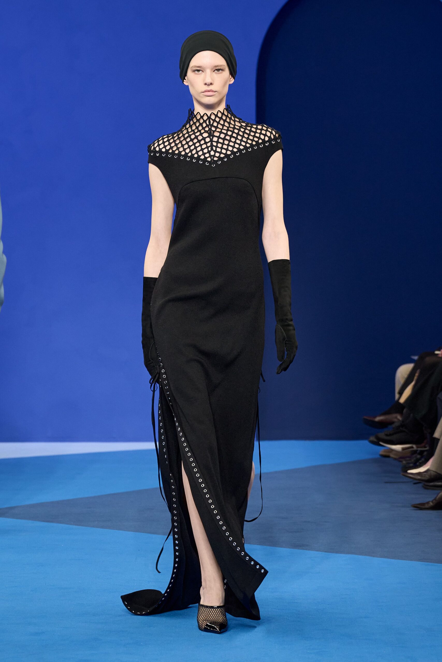 black cotton sleeveless high-neck fitted draped zippered gown