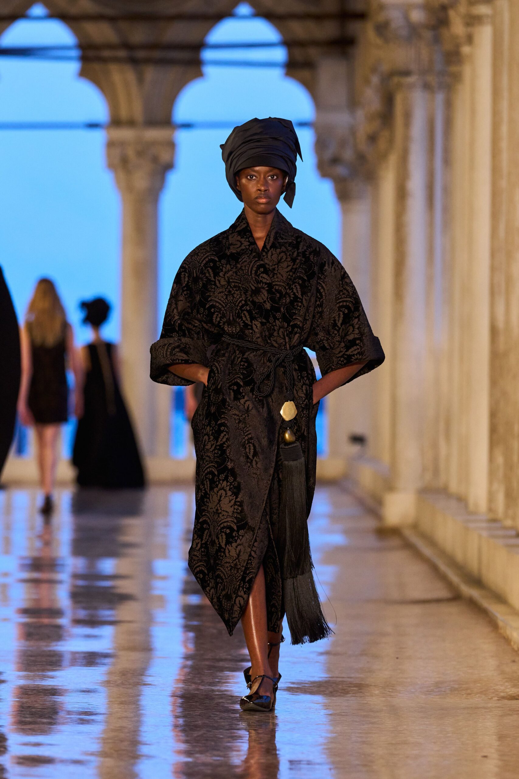 black silk sleeveless v-neck relaxed embroidered draped dress