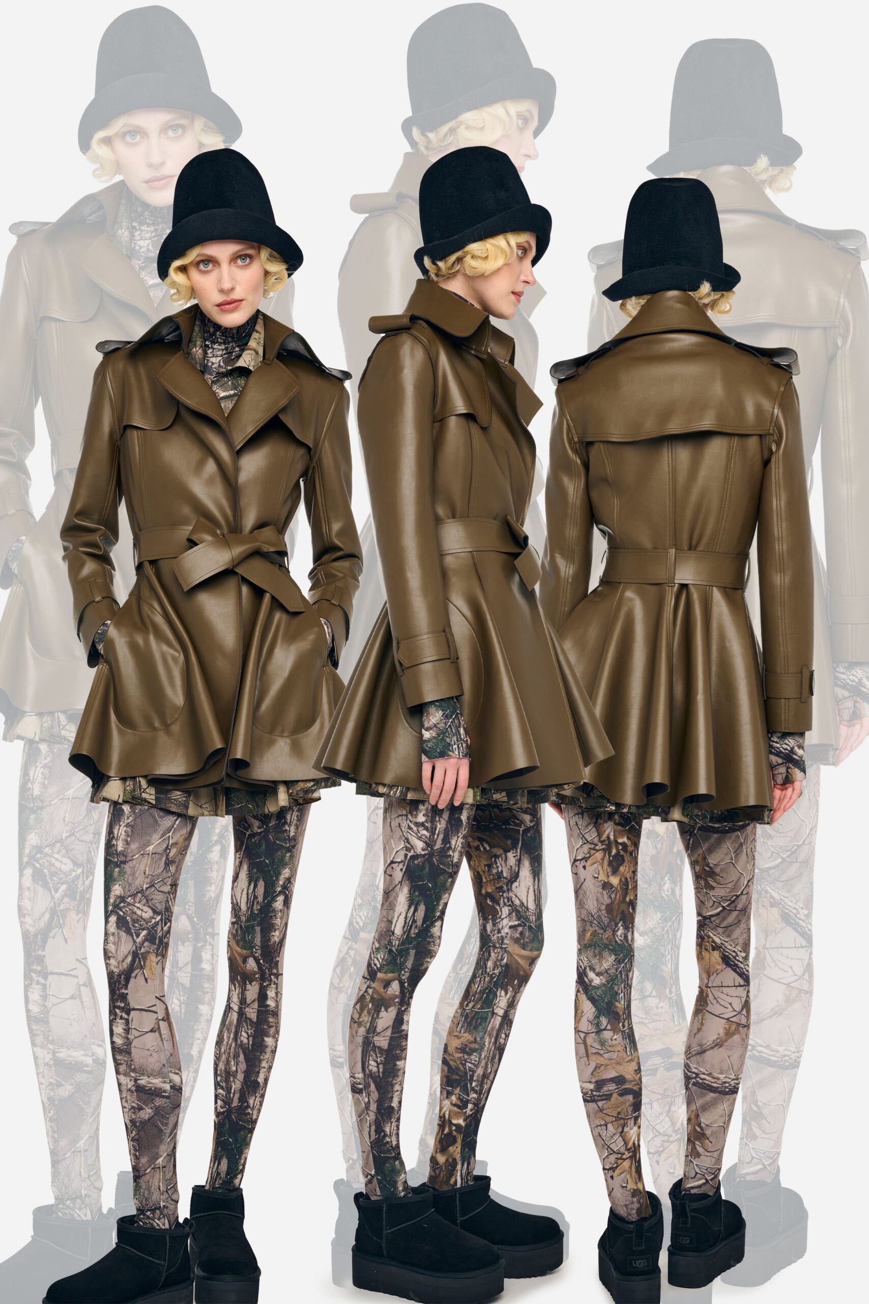 brown leather long-sleeve collared fitted belted flared coat