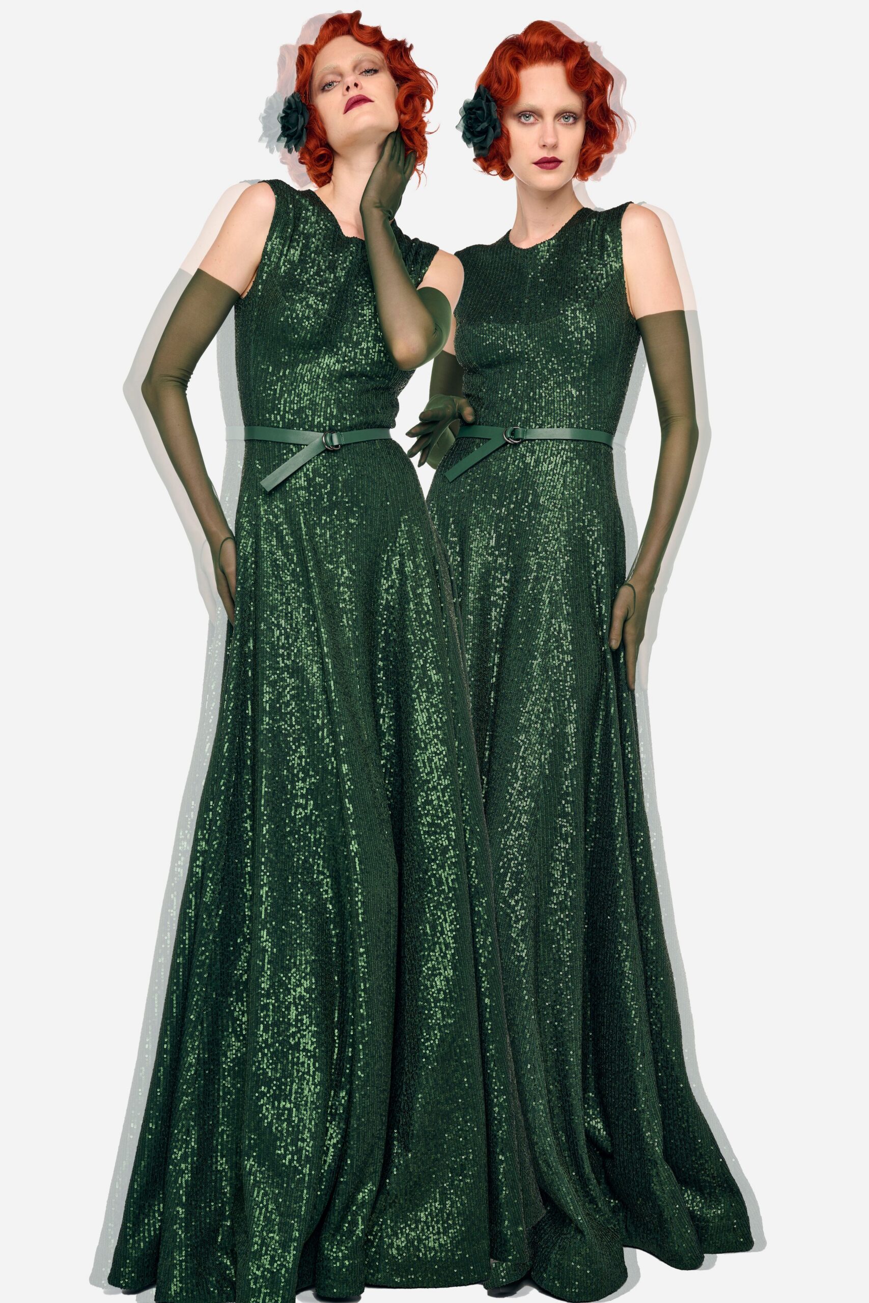 green sequin sleeveless high-neck fitted layered shiny gown