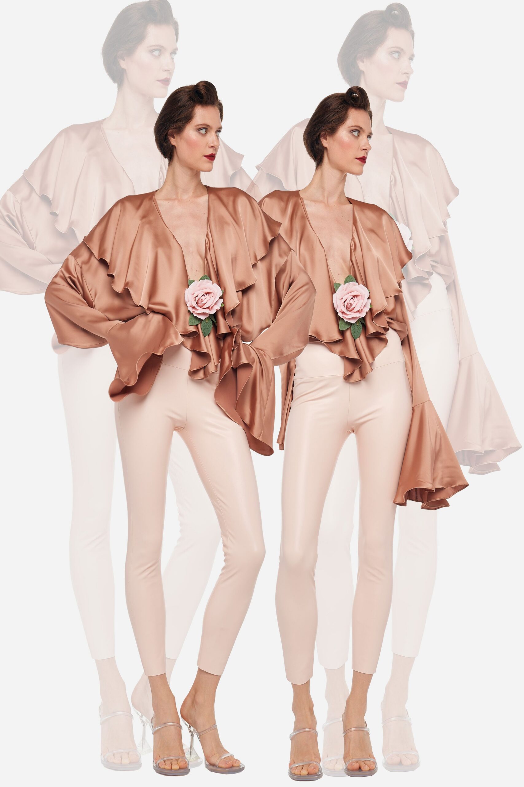 beige satin long-sleeve v-neck fitted ruffled flowing blouse