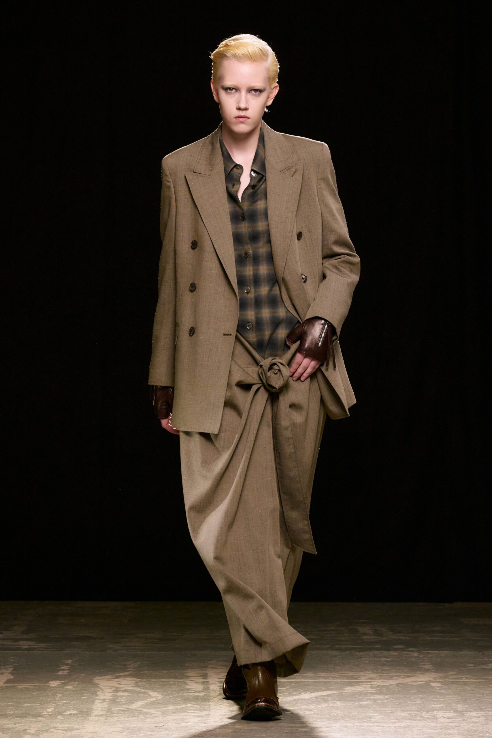 brown tailored blazer and checked shirt