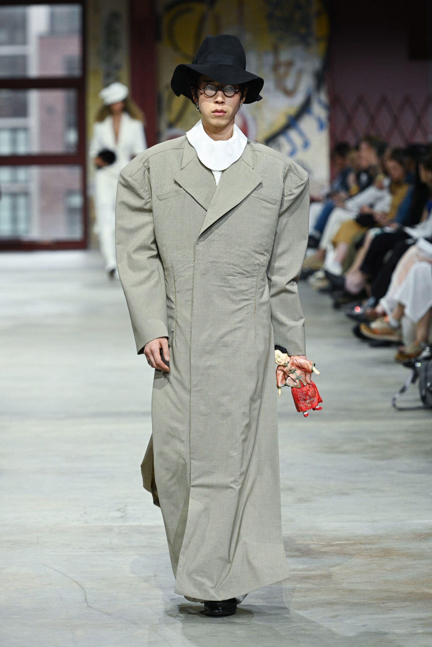 beige cotton long-sleeve collared oversized buttoned maxi coat