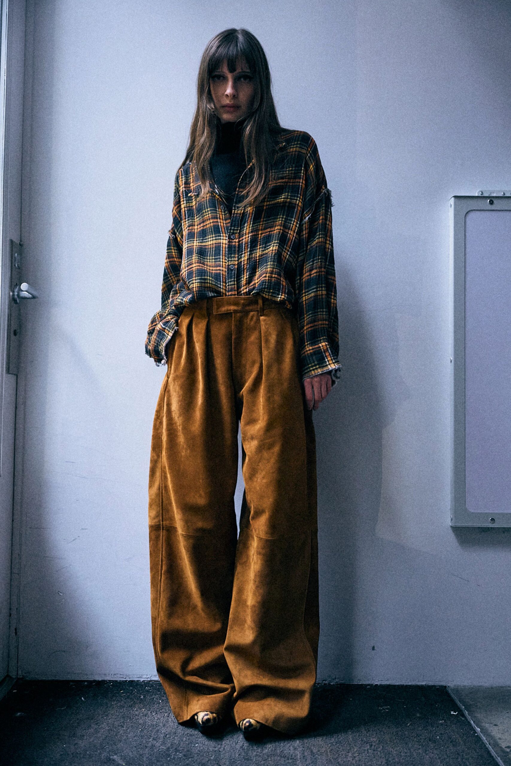 brown suede relaxed wide-leg pants